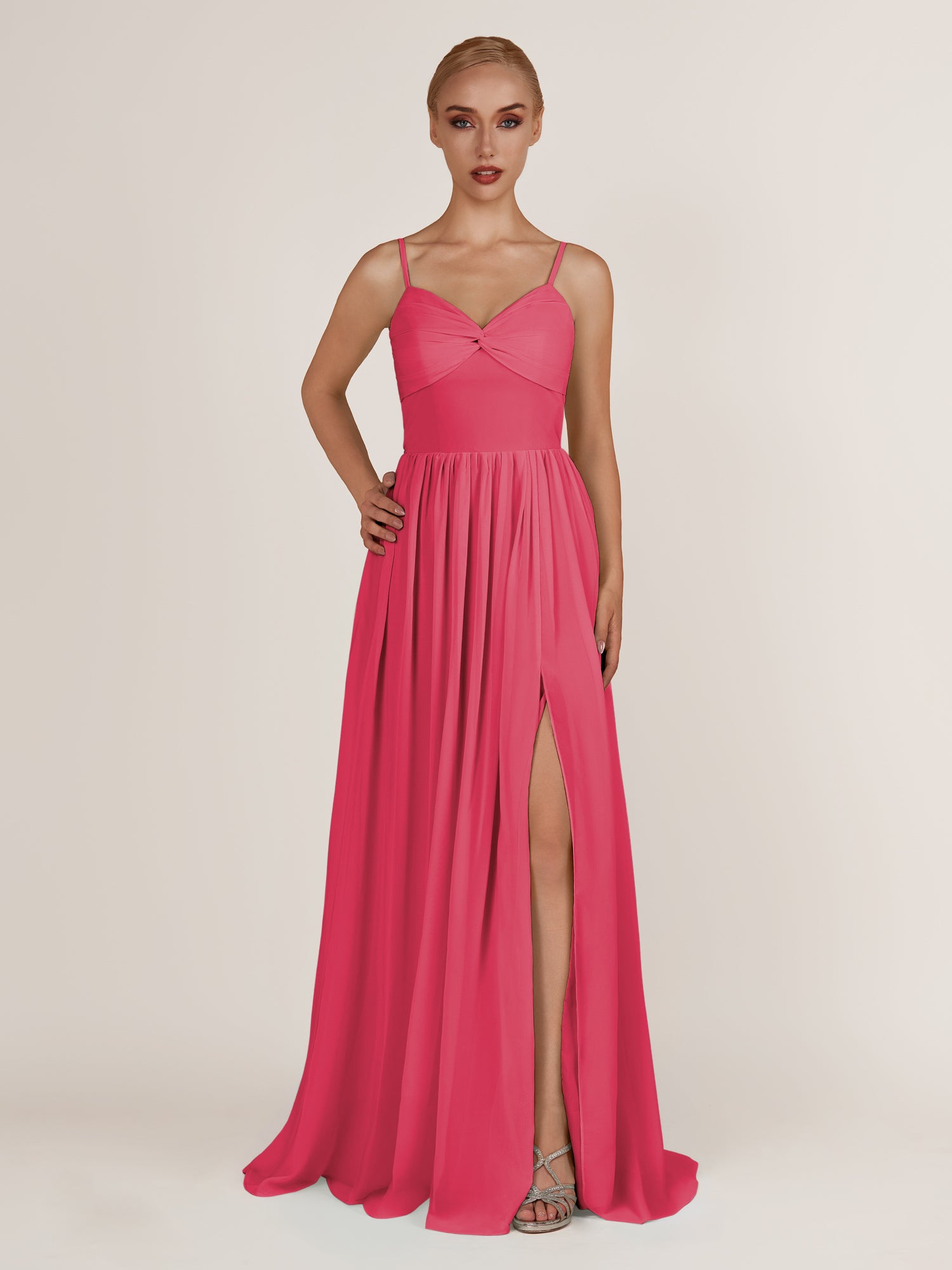 KissDress-Quillaine Fuchsia A Line V Neck Twisted Long Bridesmaid Dress with Slit