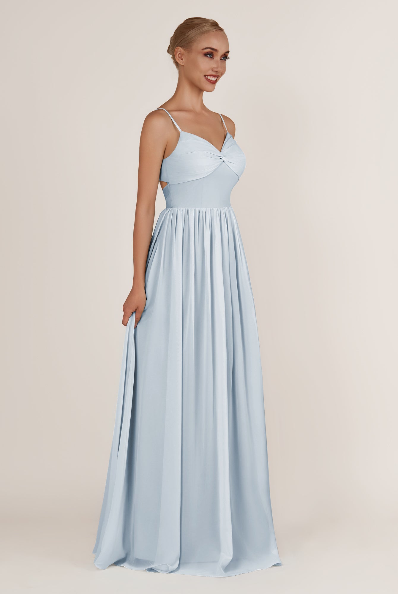 KissDress-Quillaine Ice A Line V Neck Twisted Long Bridesmaid Dress with Slit