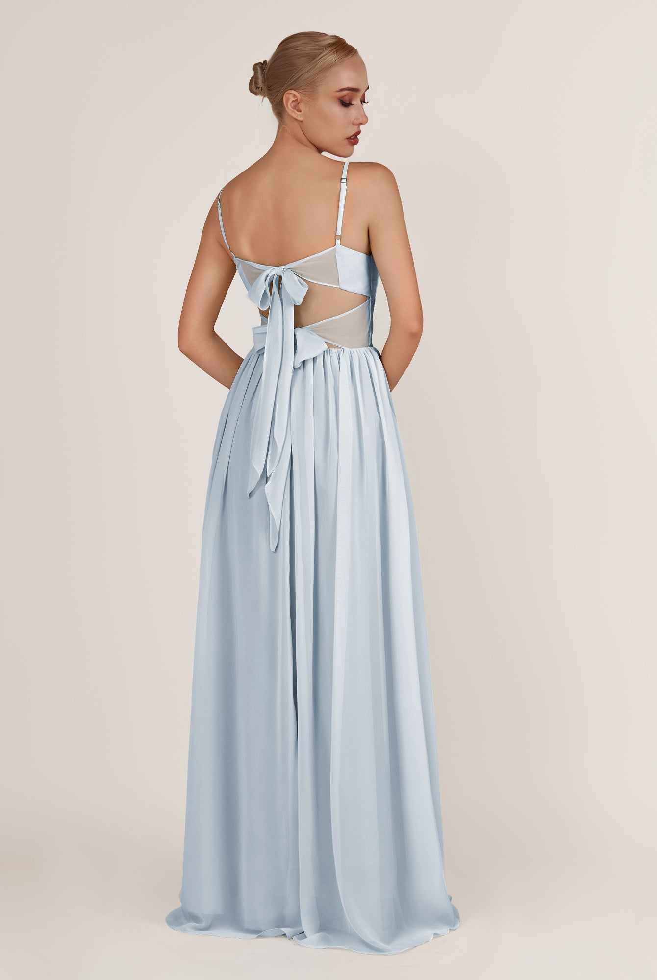 KissDress-Quillaine Ice A Line V Neck Twisted Long Bridesmaid Dress with Slit