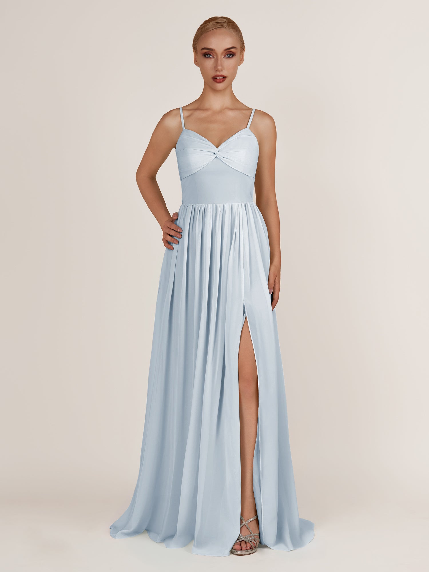 KissDress-Quillaine Ice A Line V Neck Twisted Long Bridesmaid Dress with Slit