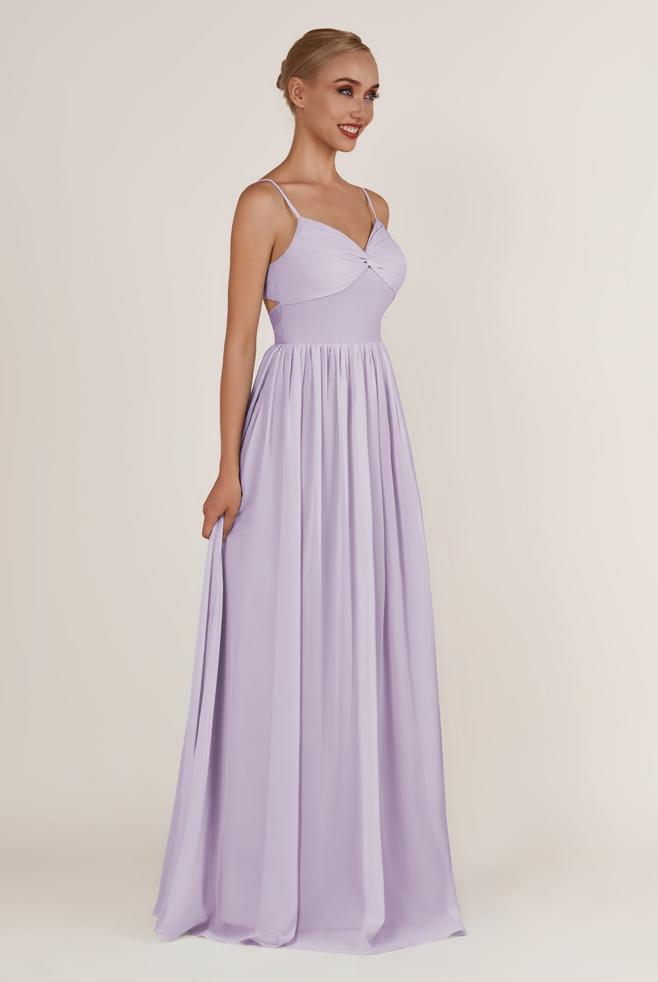 KissDress-Quillaine Lavender A Line V Neck Twisted Long Bridesmaid Dress with Slit