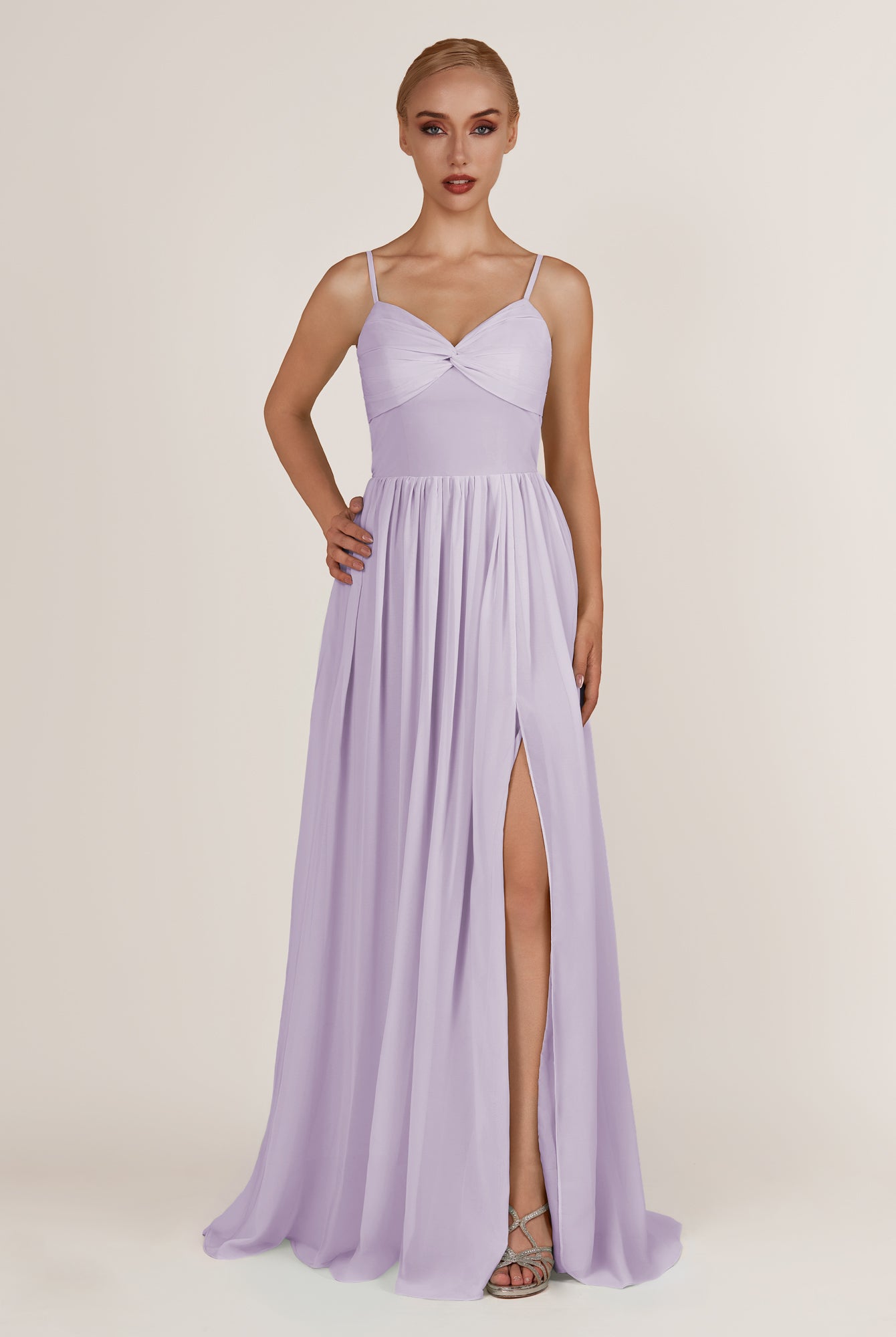 KissDress-Quillaine Lavender A Line V Neck Twisted Long Bridesmaid Dress with Slit