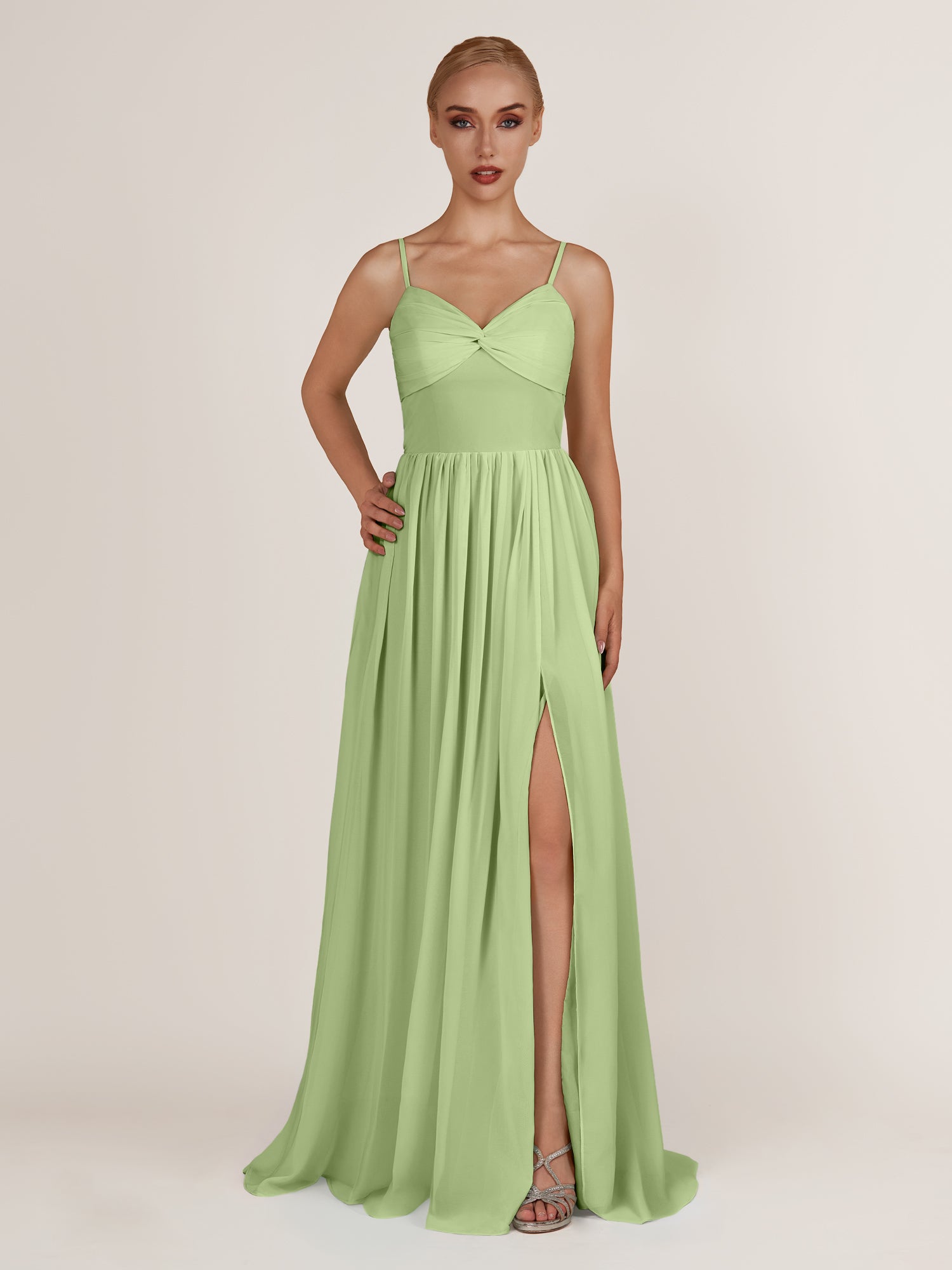 KissDress-Quillaine Matcha A Line V Neck Twisted Long Bridesmaid Dress with Slit