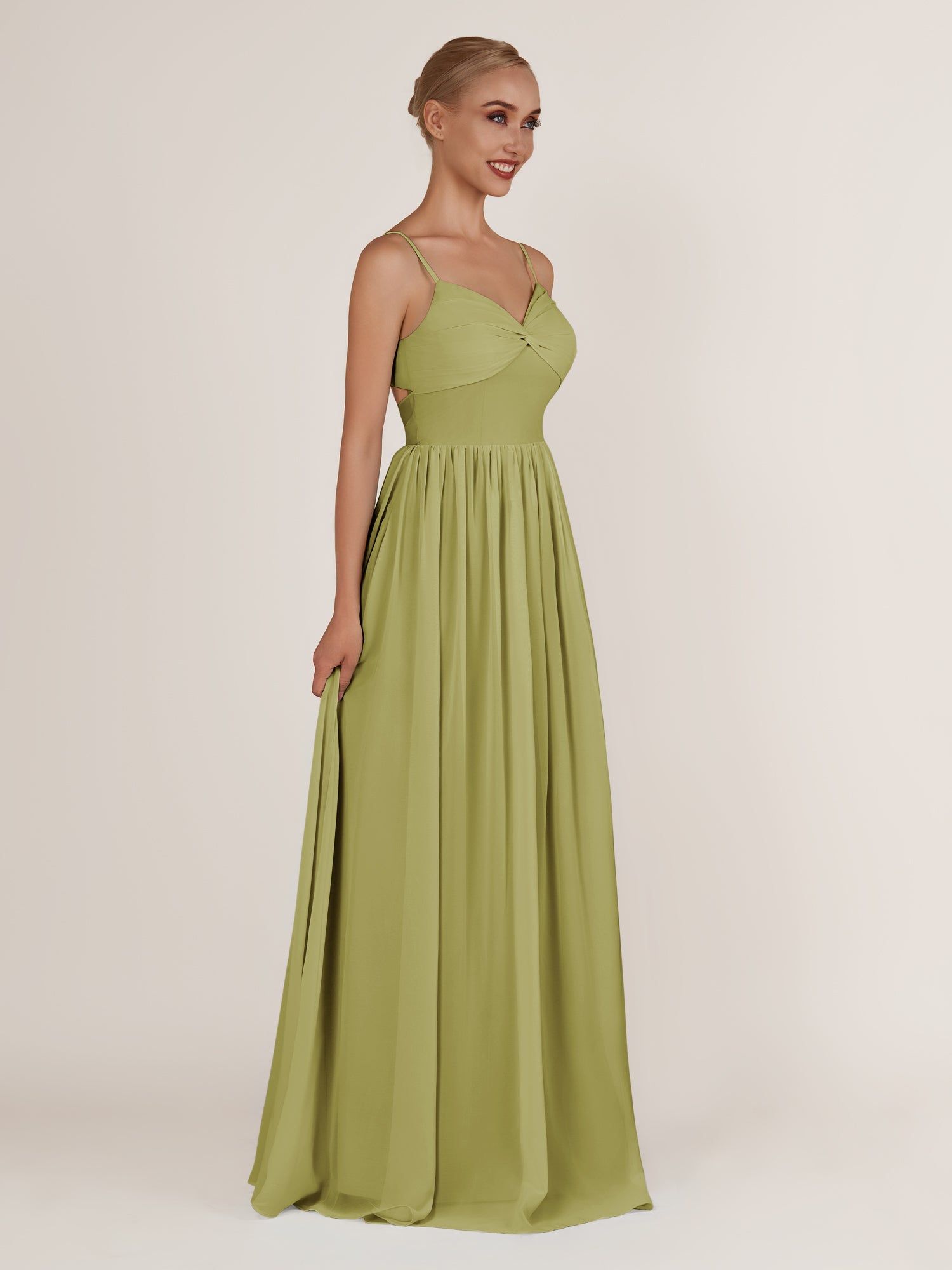 KissDress-Quillaine Moss Green A Line V Neck Twisted Long Bridesmaid Dress with Slit