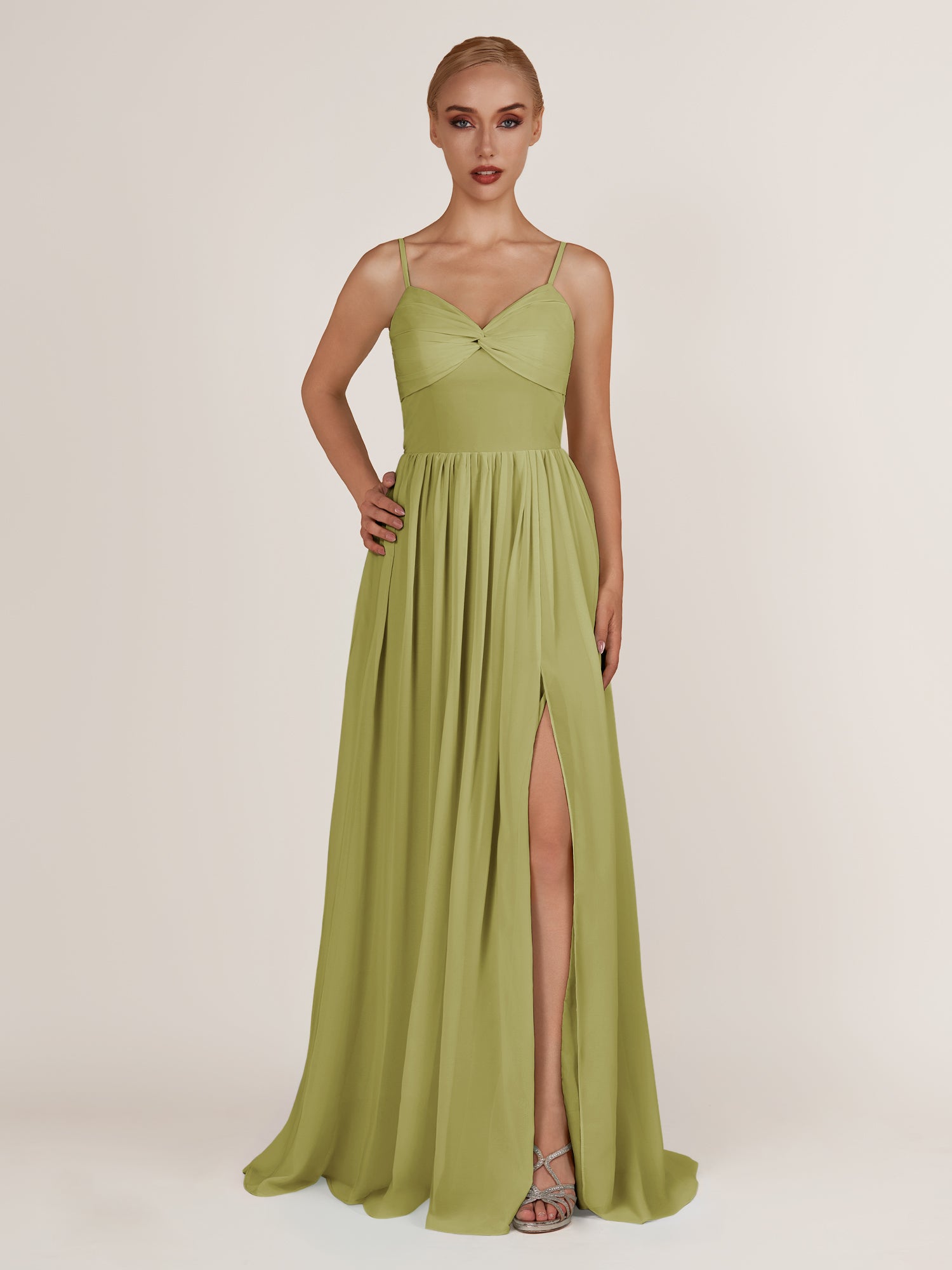 KissDress-Quillaine Moss Green A Line V Neck Twisted Long Bridesmaid Dress with Slit