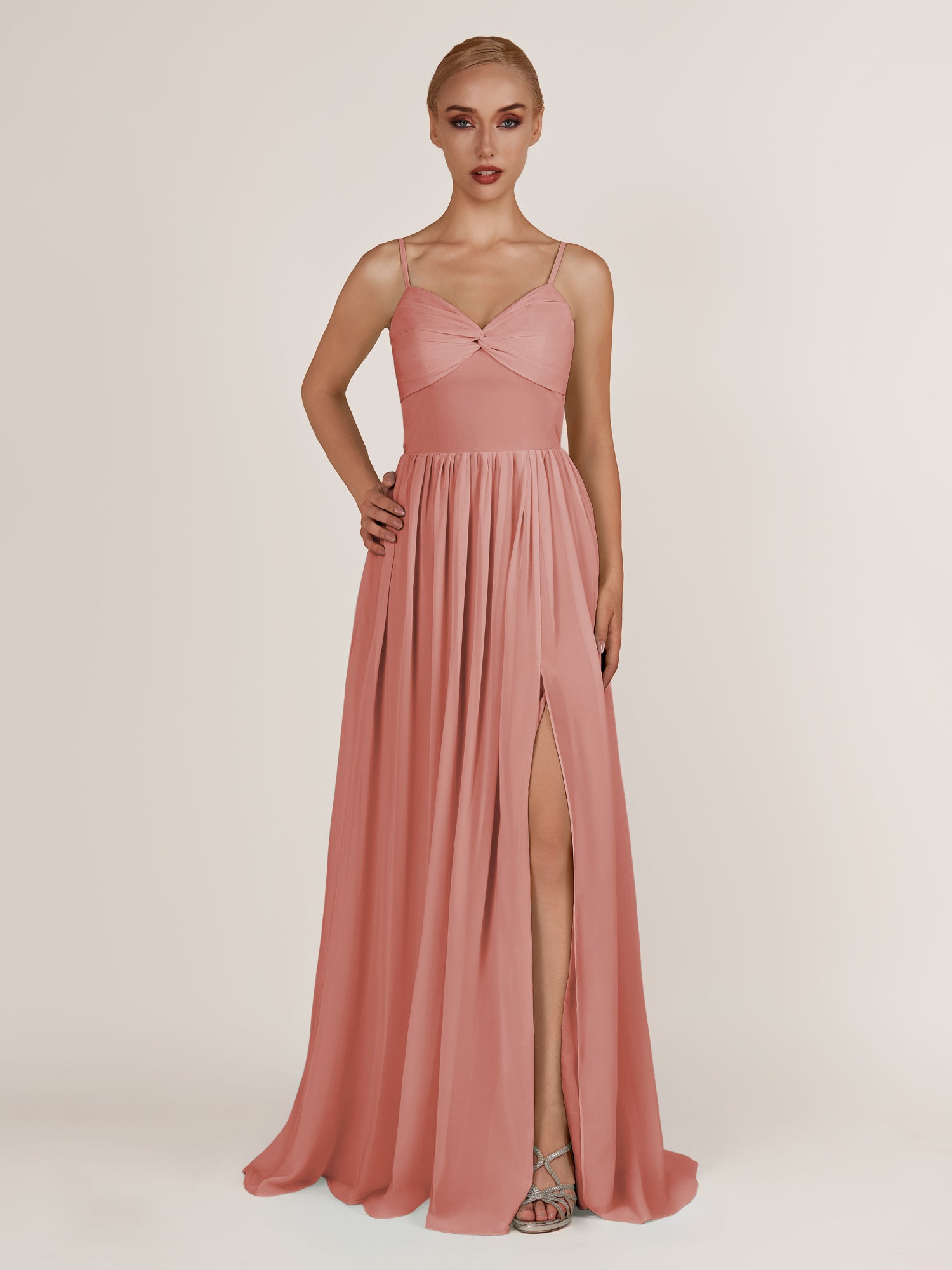 KissDress-Quillaine Mulberry A Line V Neck Twisted Long Bridesmaid Dress with Slit