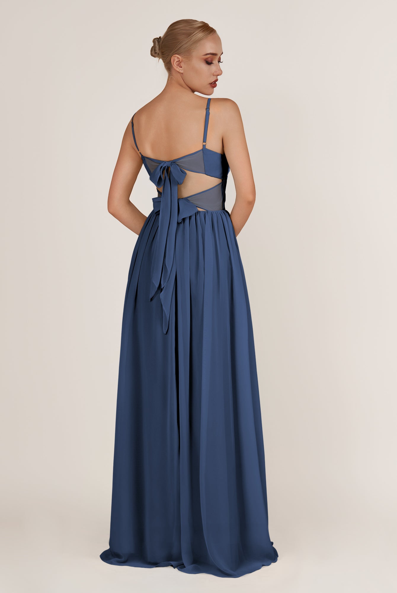KissDress-Quillaine Navy A Line V Neck Twisted Long Bridesmaid Dress with Slit