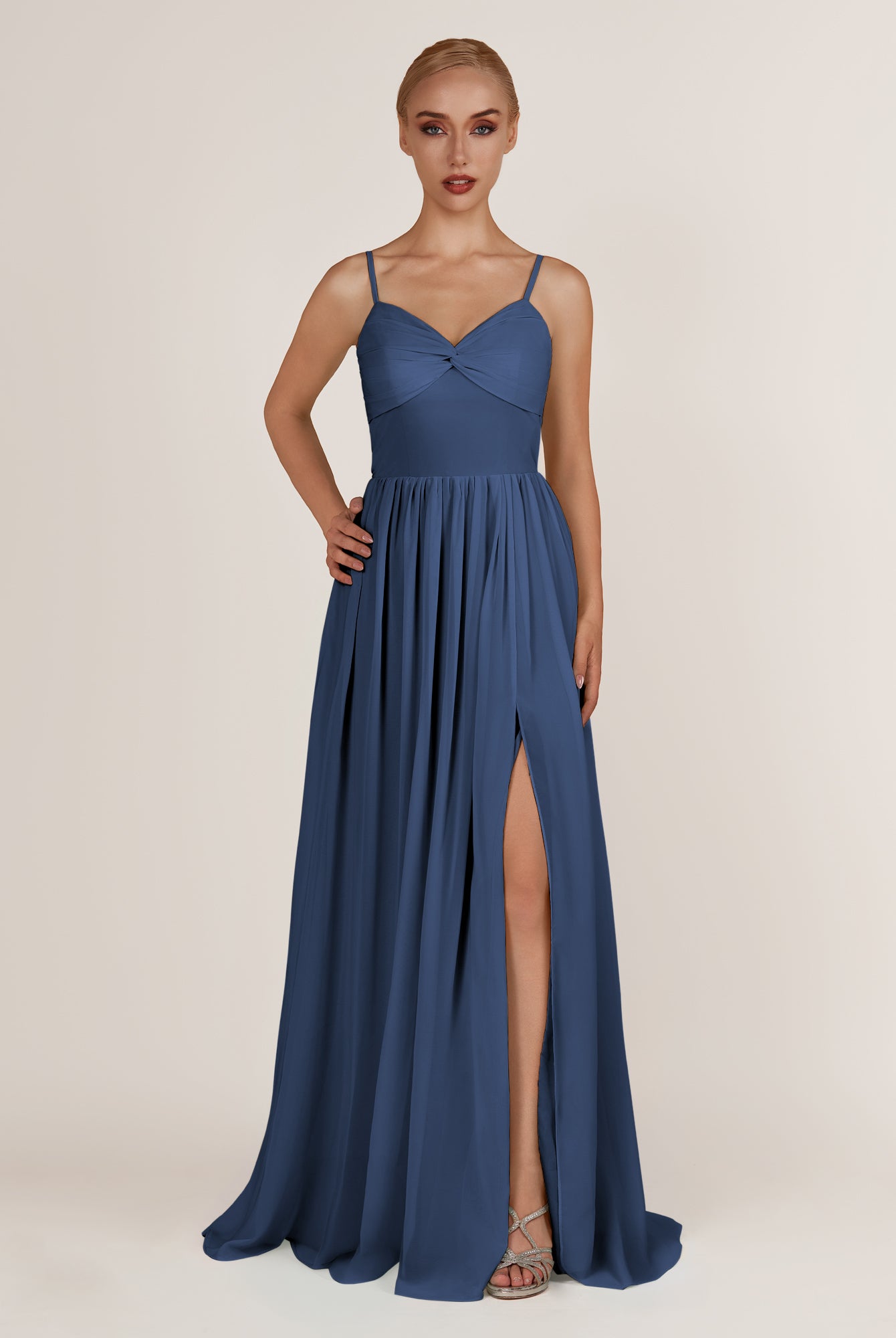 KissDress-Quillaine Navy A Line V Neck Twisted Long Bridesmaid Dress with Slit