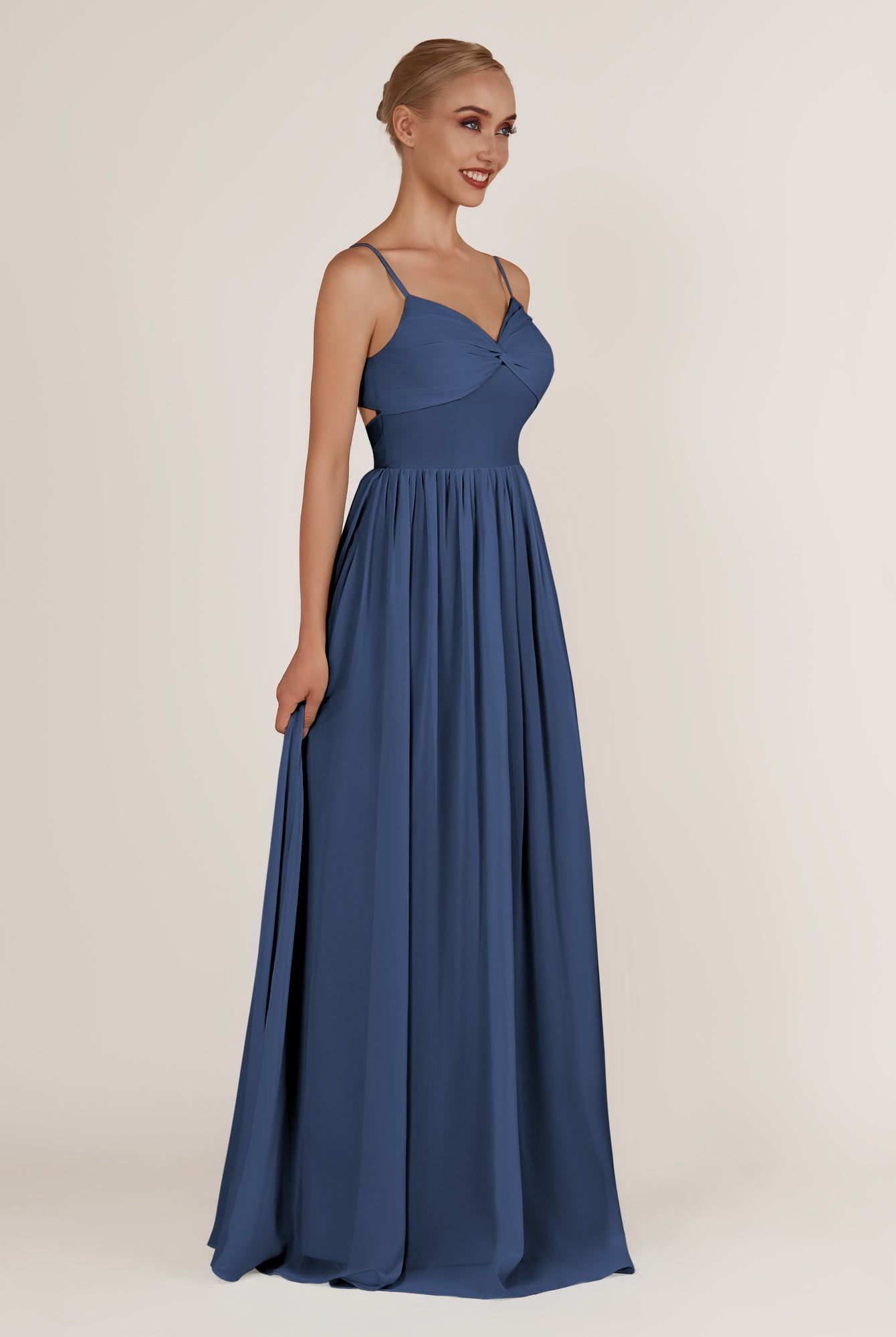 KissDress-Quillaine Navy A Line V Neck Twisted Long Bridesmaid Dress with Slit