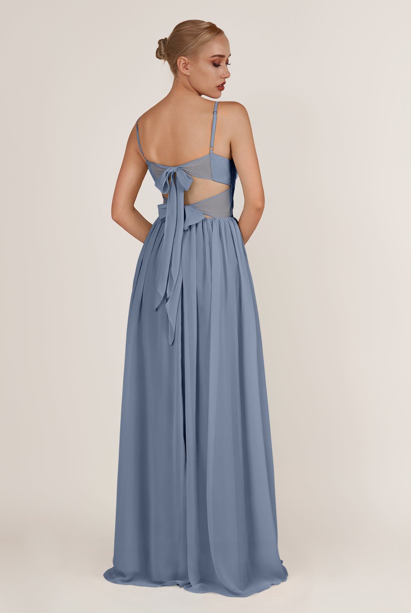 KissDress-Quillaine Neptune A Line V Neck Twisted Long Bridesmaid Dress with Slit