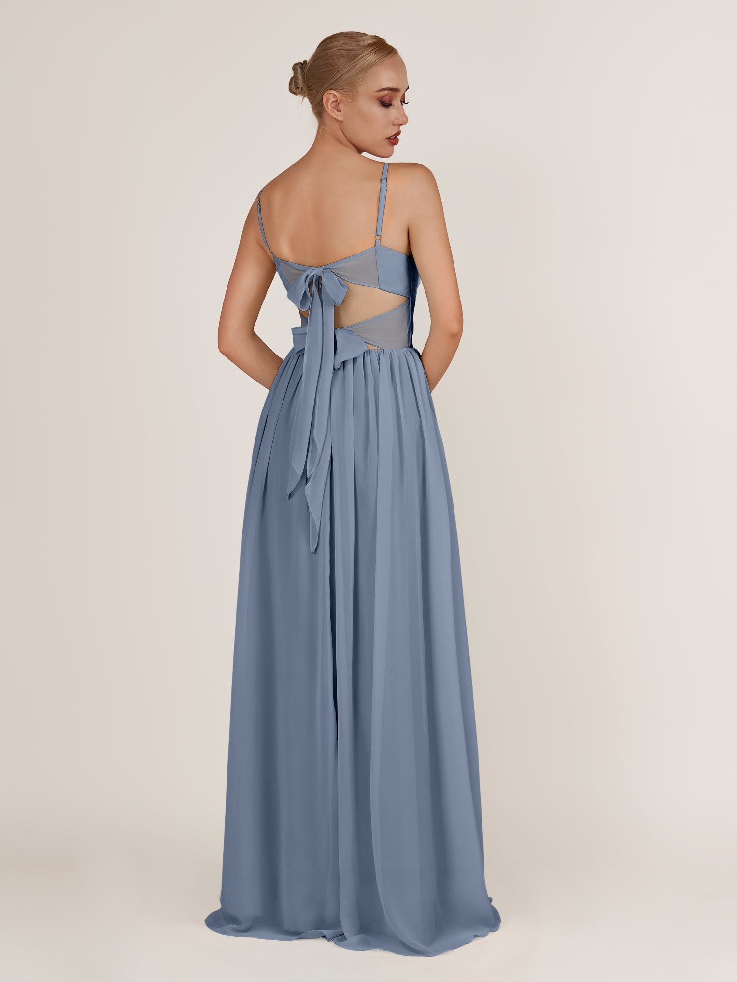 KissDress-Quillaine Neptune A Line V Neck Twisted Long Bridesmaid Dress with Slit
