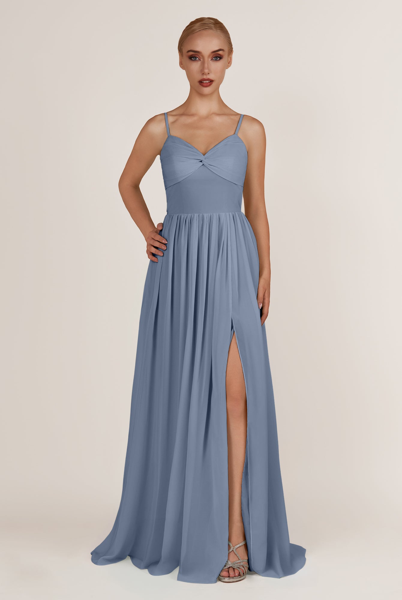 KissDress-Quillaine Neptune A Line V Neck Twisted Long Bridesmaid Dress with Slit