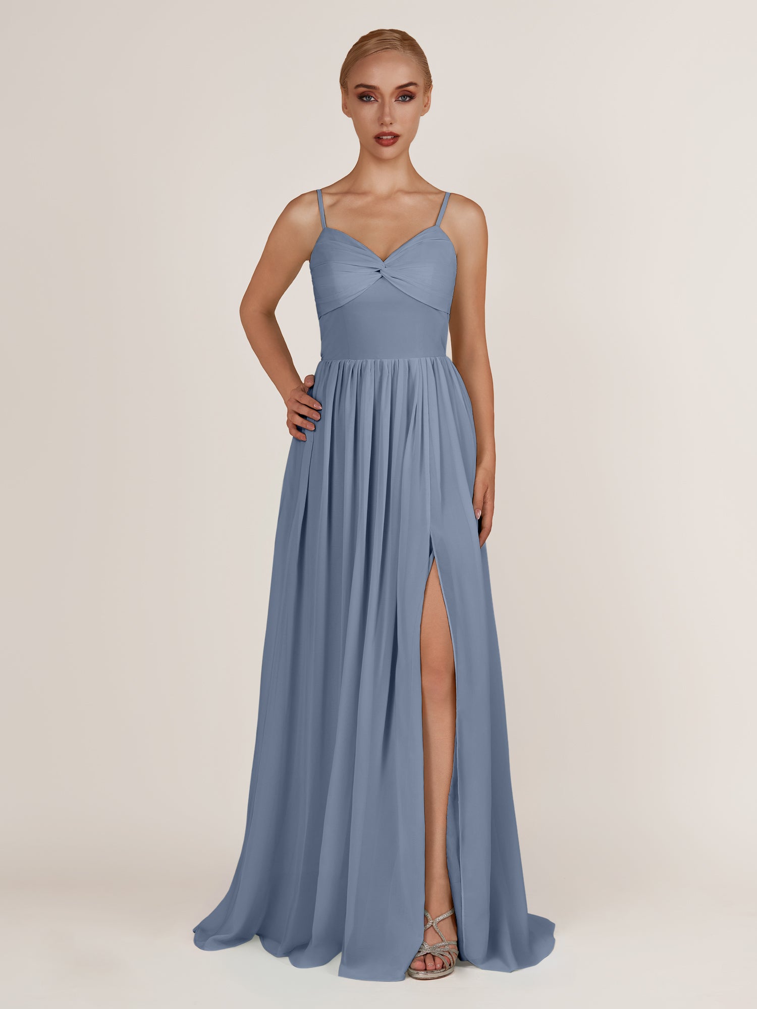 KissDress-Quillaine Neptune A Line V Neck Twisted Long Bridesmaid Dress with Slit