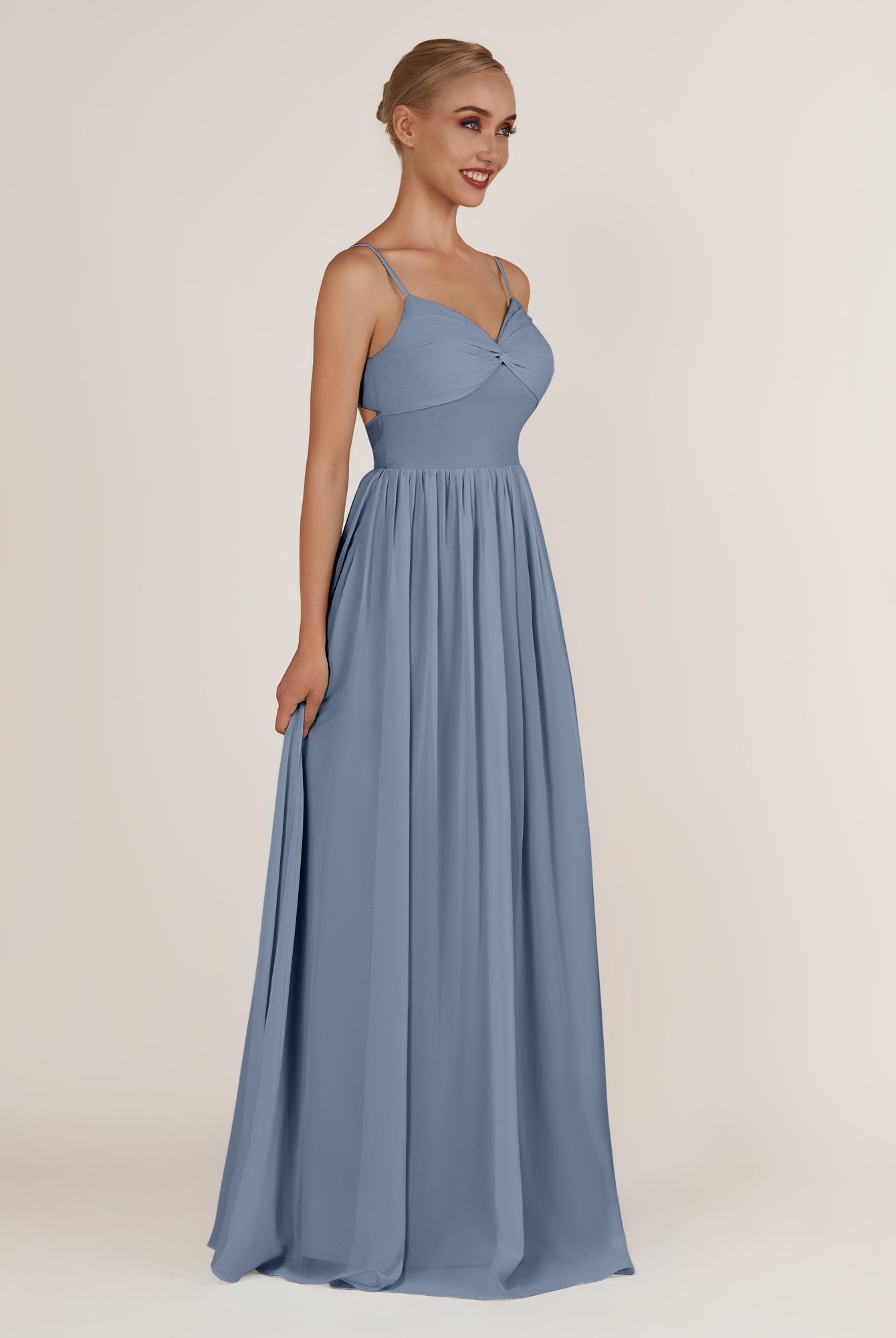 KissDress-Quillaine Neptune A Line V Neck Twisted Long Bridesmaid Dress with Slit