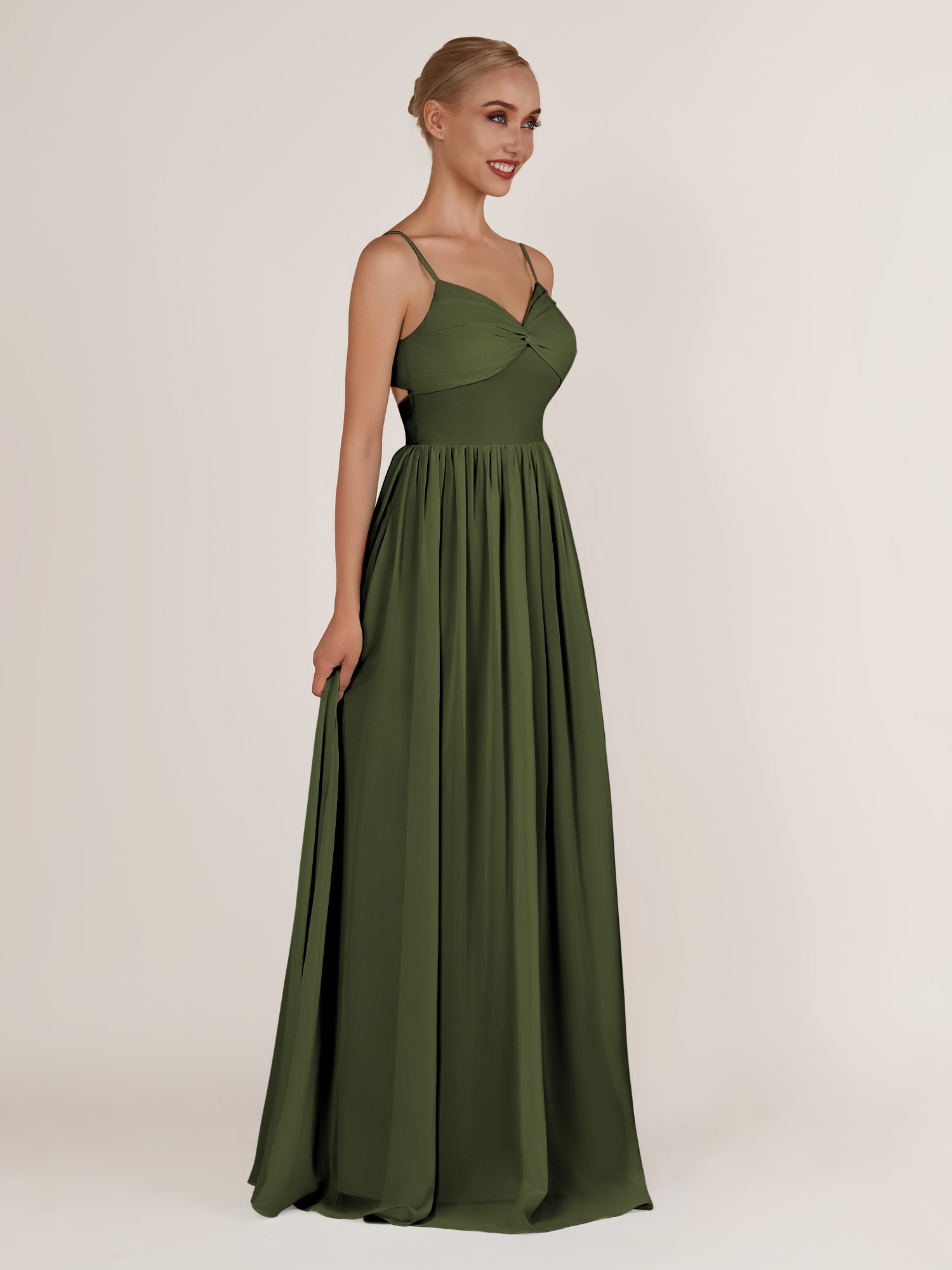 KissDress-Quillaine Olive A Line V Neck Twisted Long Bridesmaid Dress with Slit