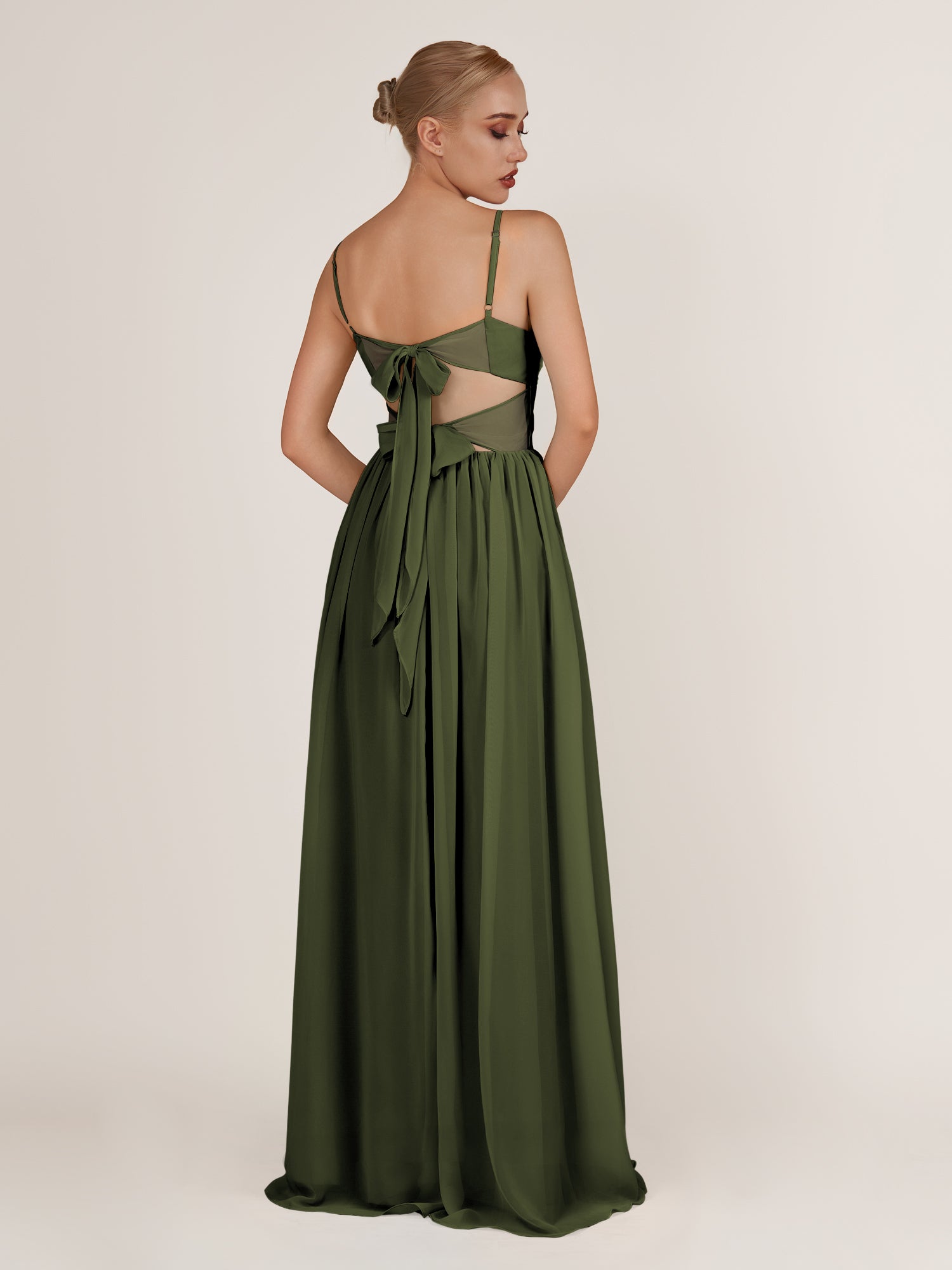 KissDress-Quillaine Olive A Line V Neck Twisted Long Bridesmaid Dress with Slit