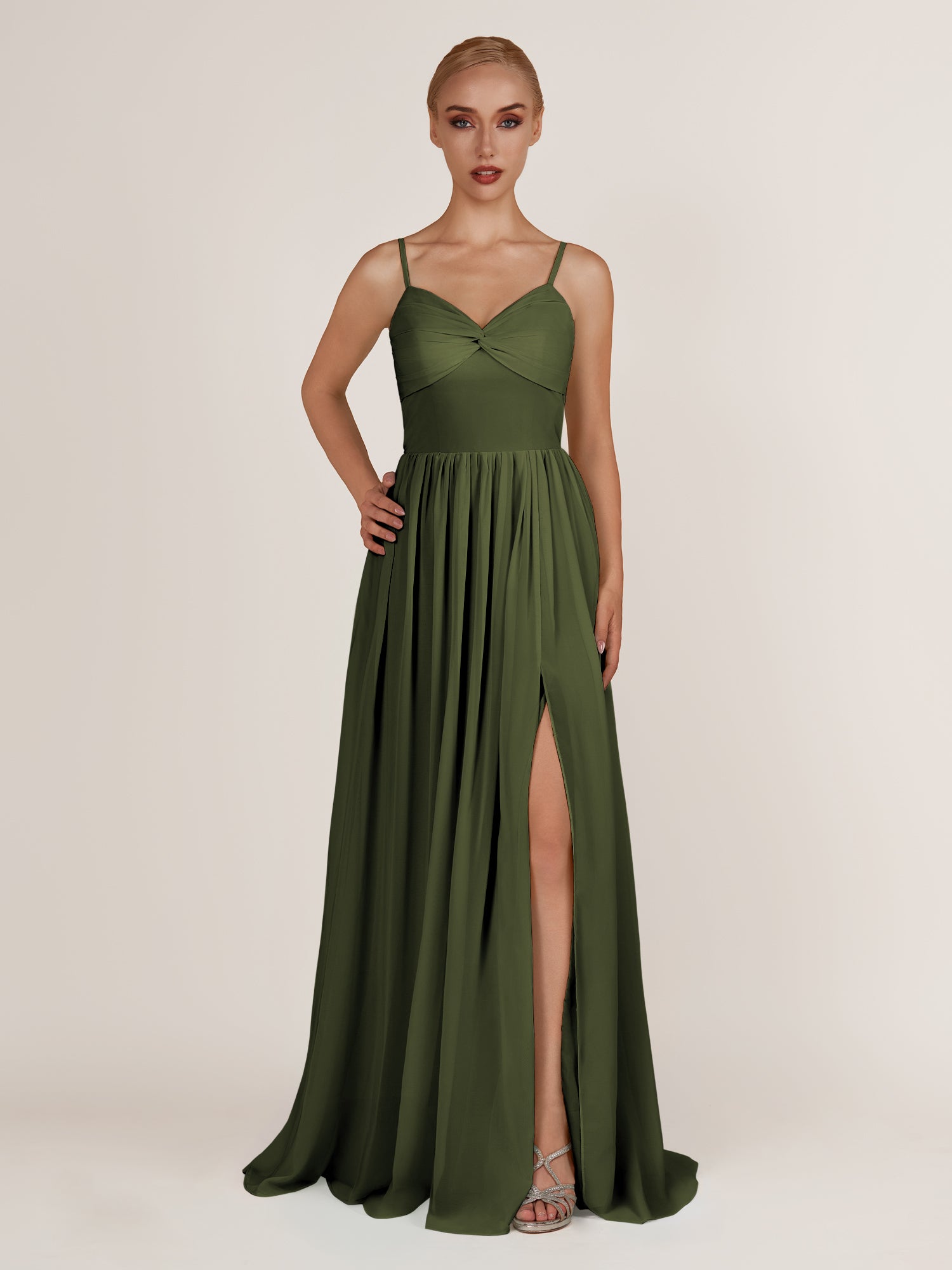 KissDress-Quillaine Olive A Line V Neck Twisted Long Bridesmaid Dress with Slit