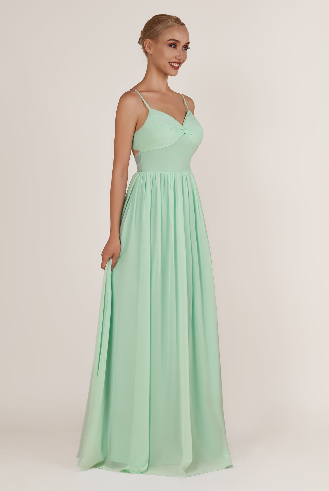 KissDress-Quillaine Pale Pistachio A Line V Neck Twisted Long Bridesmaid Dress with Slit