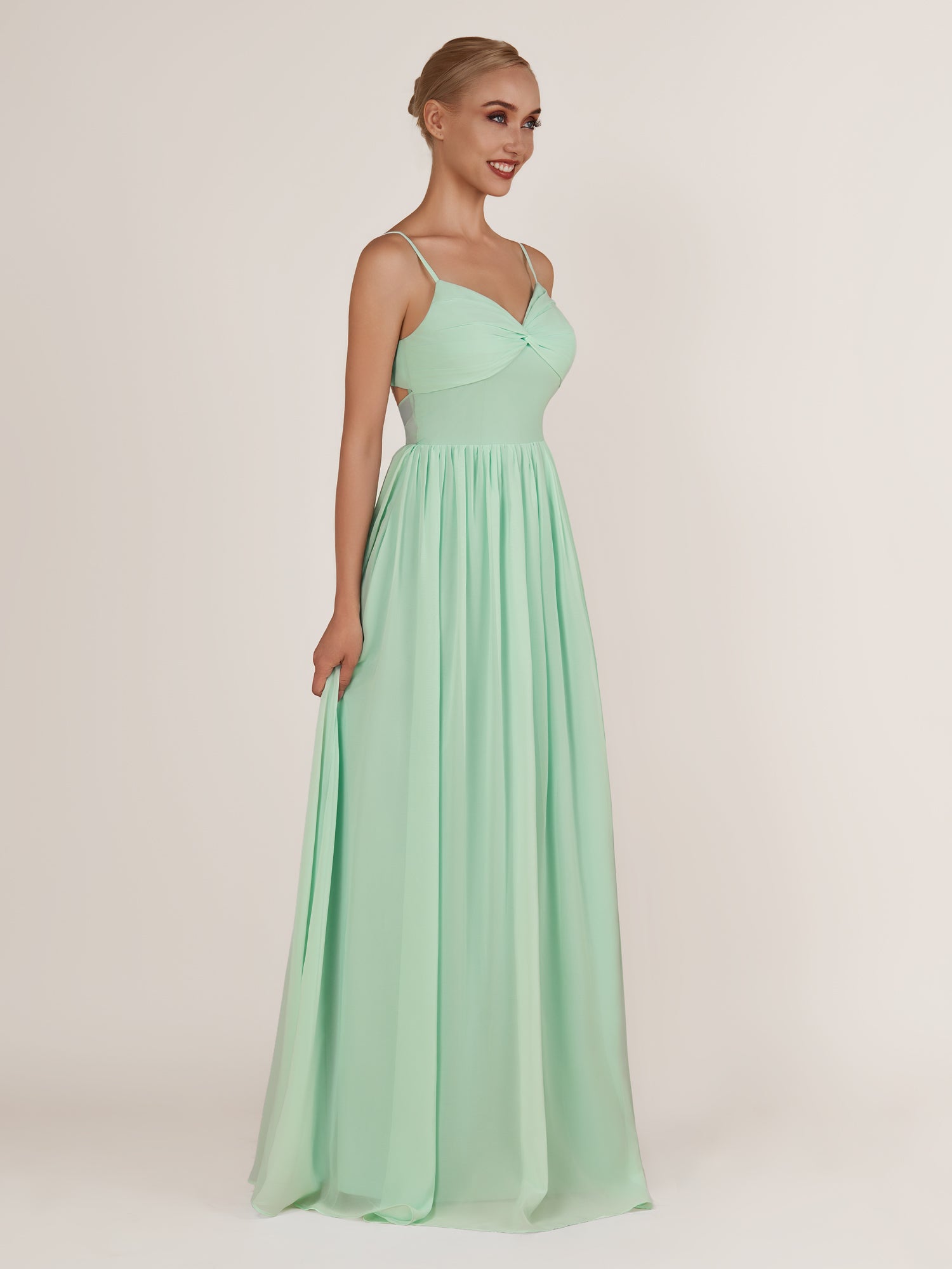 KissDress-Quillaine Pale Pistachio A Line V Neck Twisted Long Bridesmaid Dress with Slit