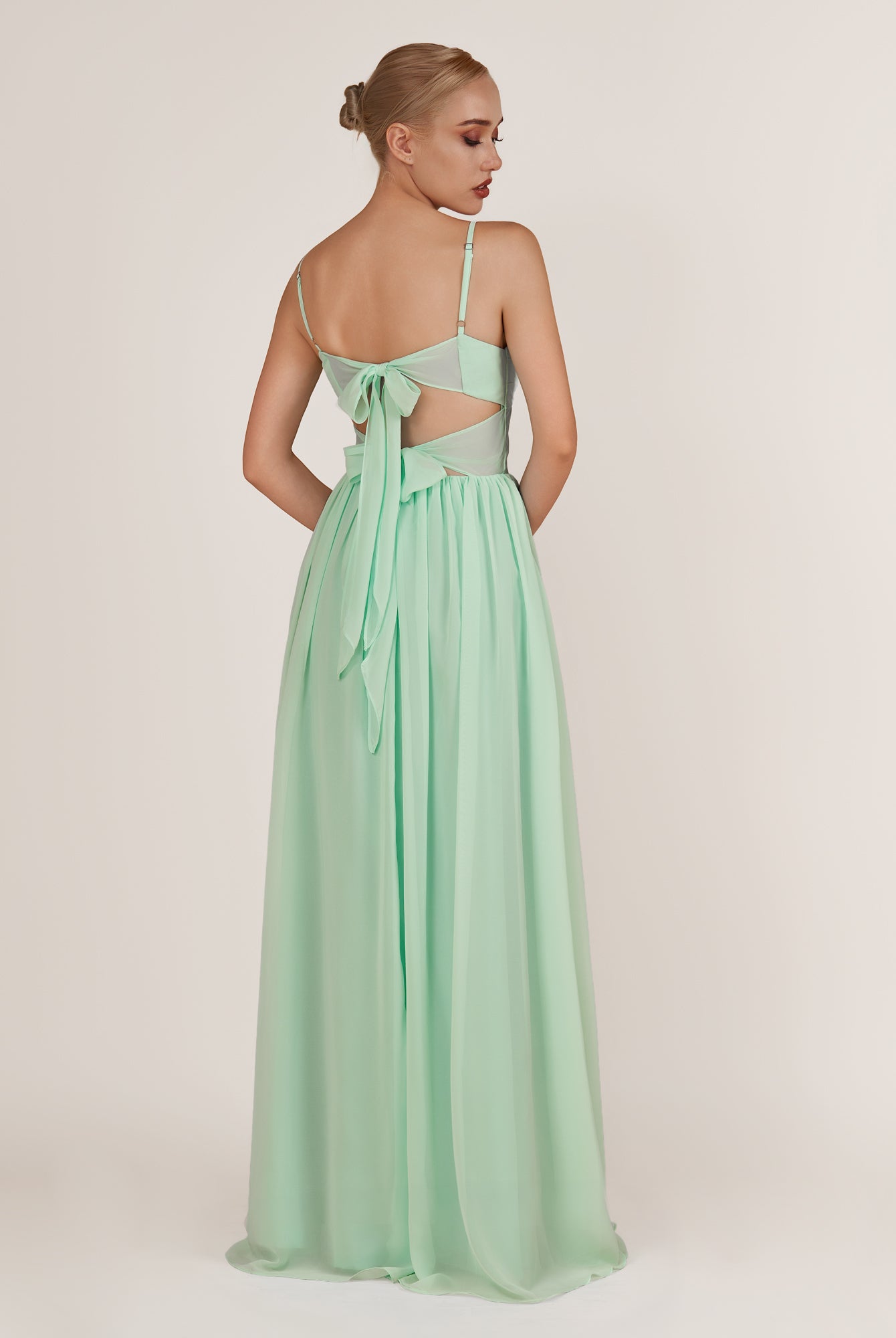 KissDress-Quillaine Pale Pistachio A Line V Neck Twisted Long Bridesmaid Dress with Slit