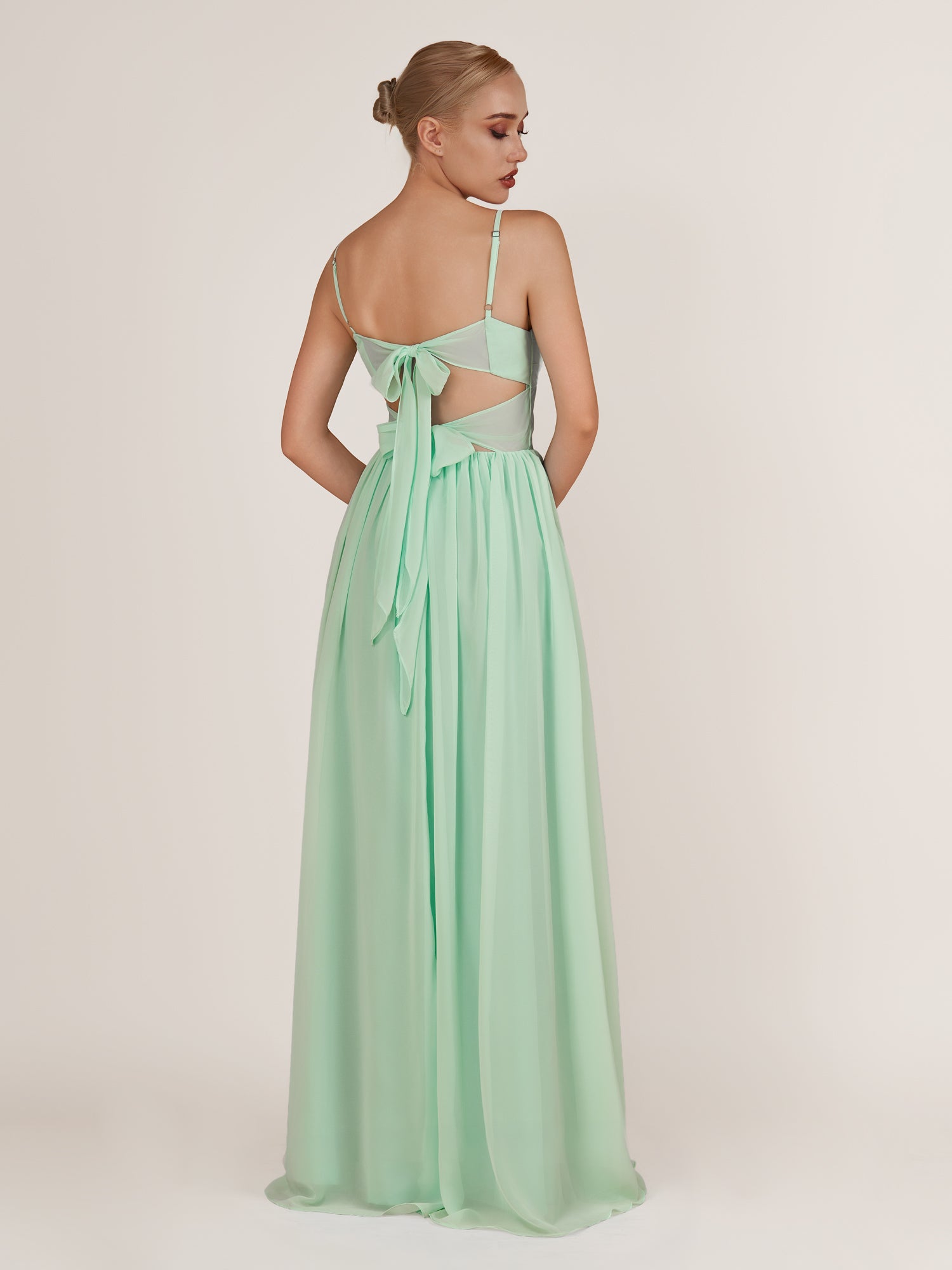 KissDress-Quillaine Pale Pistachio A Line V Neck Twisted Long Bridesmaid Dress with Slit