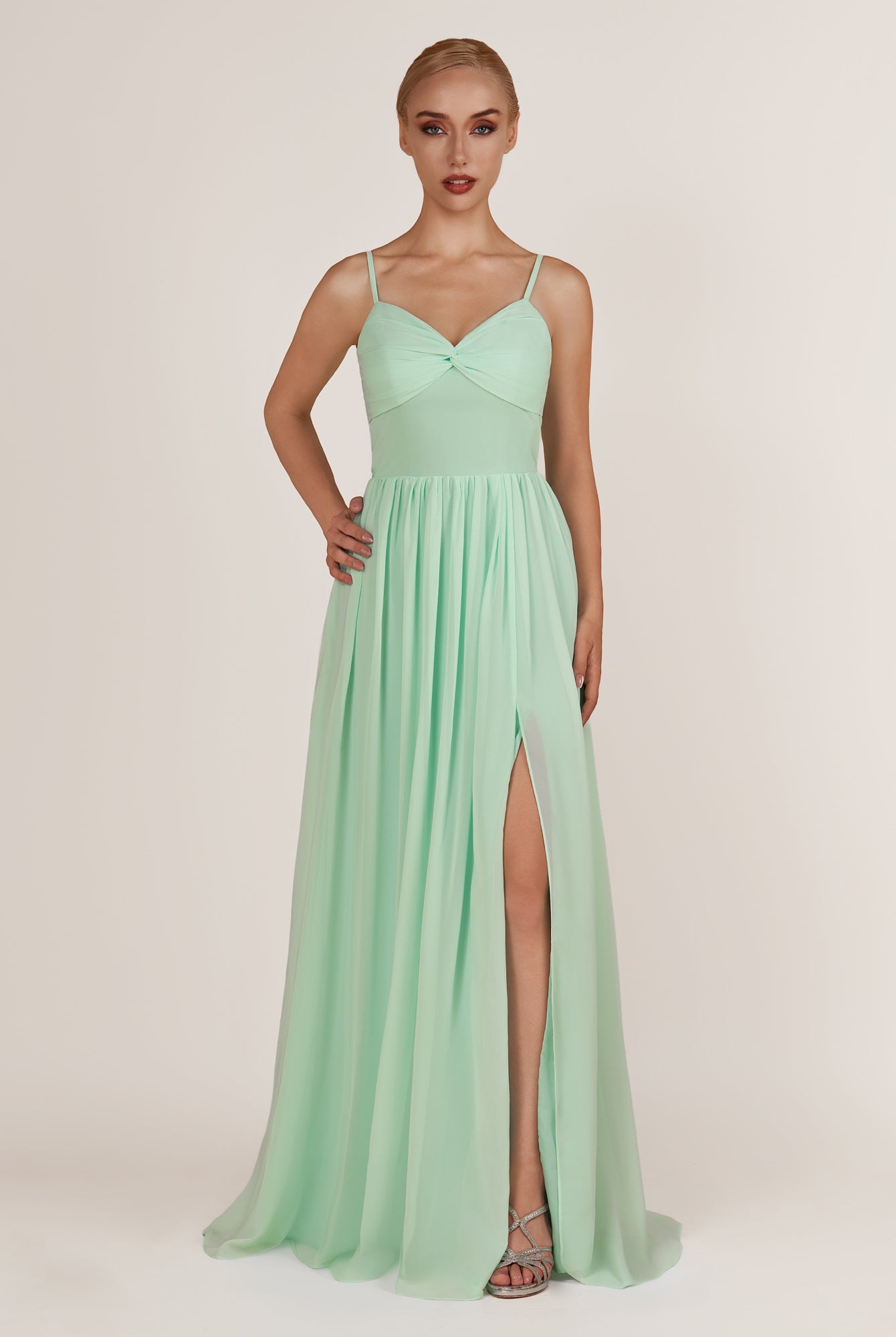 KissDress-Quillaine Pale Pistachio A Line V Neck Twisted Long Bridesmaid Dress with Slit