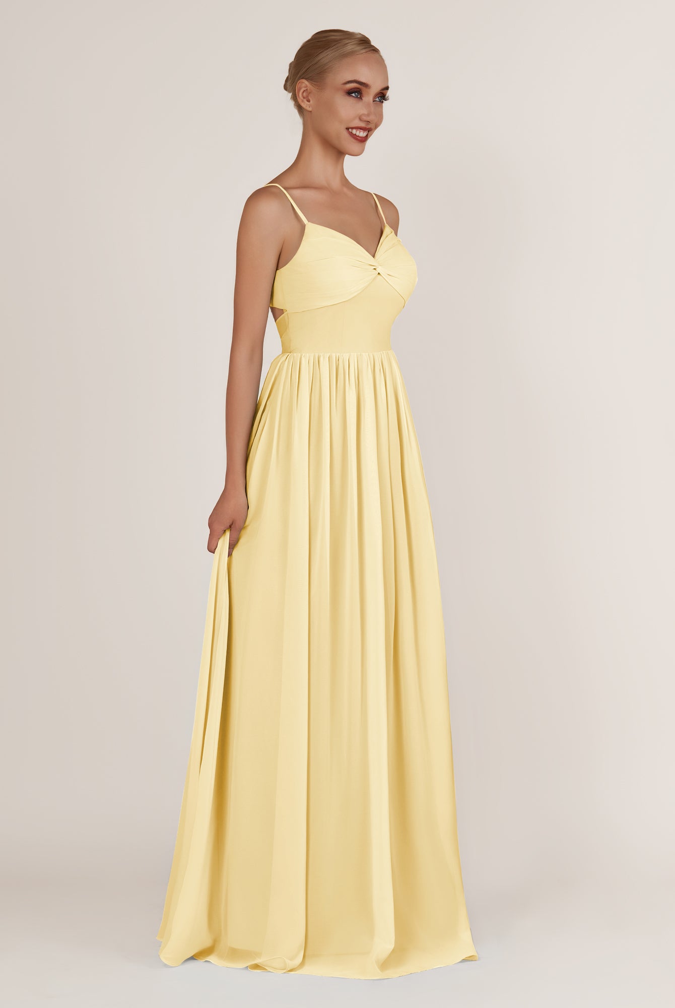 KissDress-Quillaine Pastel Yellow A Line V Neck Twisted Long Bridesmaid Dress with Slit