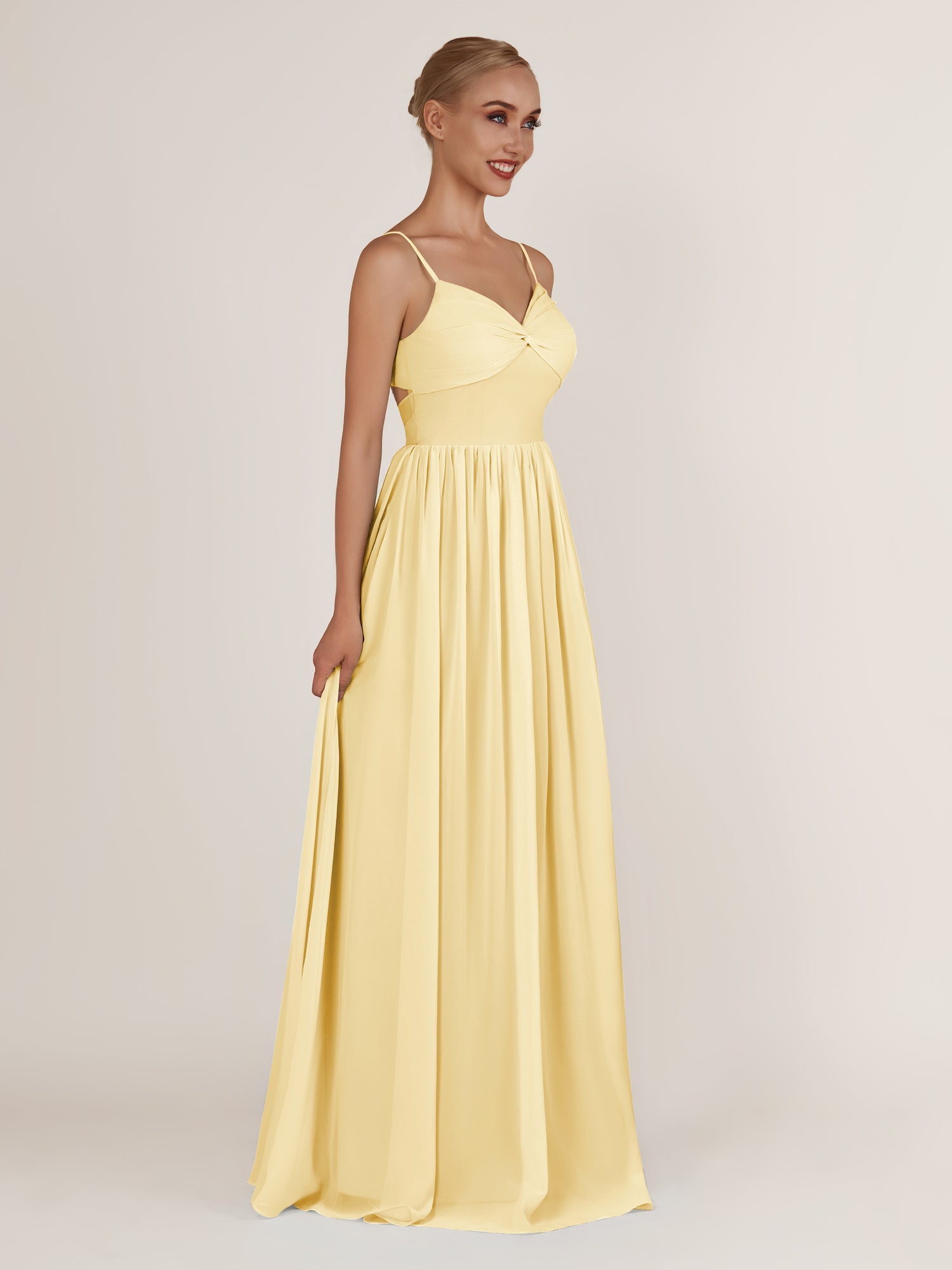 KissDress-Quillaine Pastel Yellow A Line V Neck Twisted Long Bridesmaid Dress with Slit