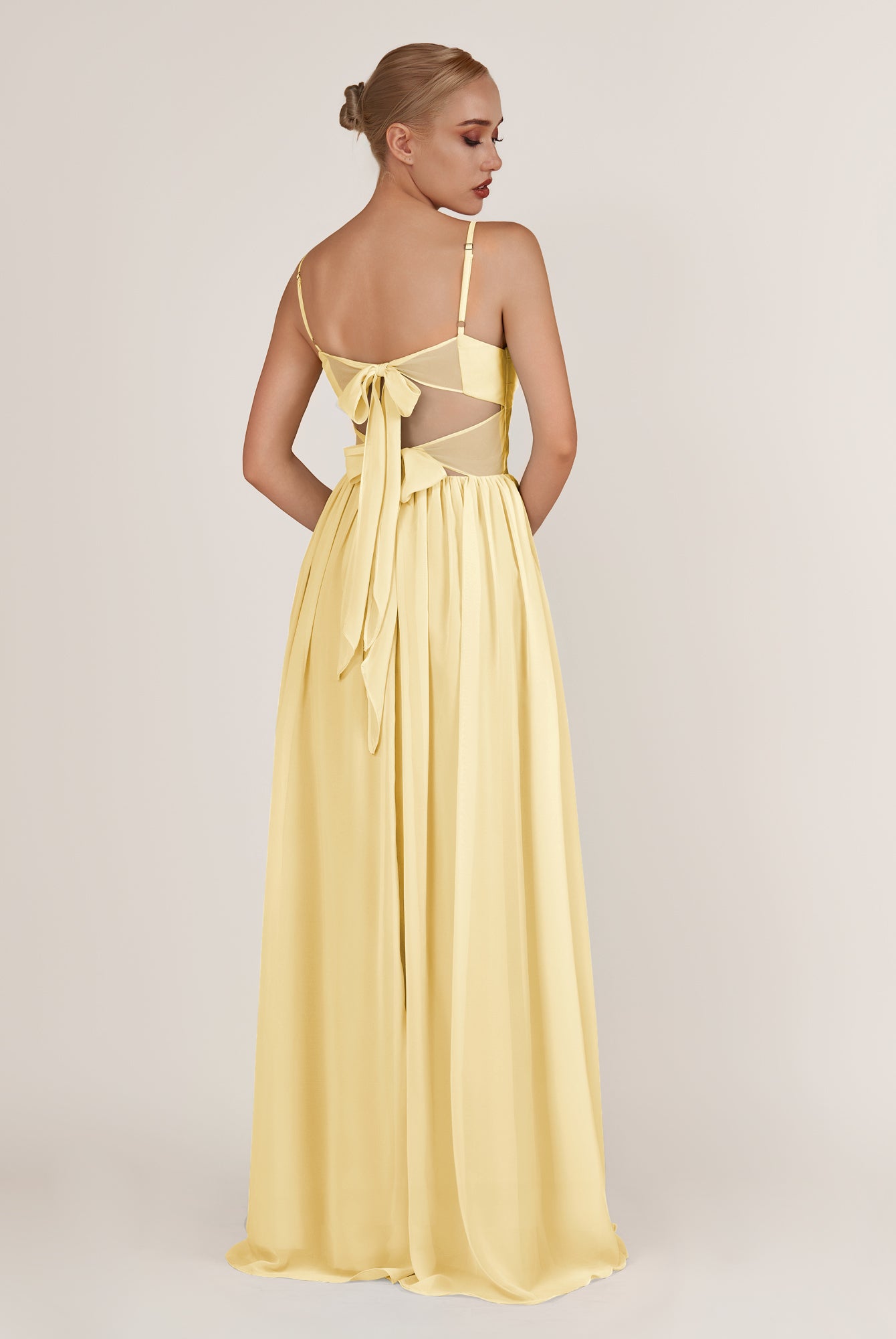 KissDress-Quillaine Pastel Yellow A Line V Neck Twisted Long Bridesmaid Dress with Slit