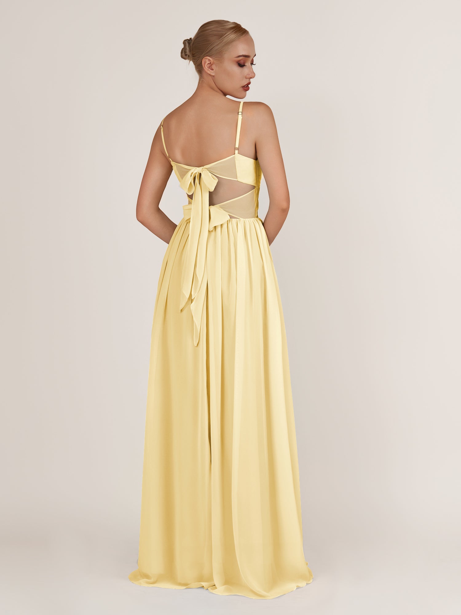 KissDress-Quillaine Pastel Yellow A Line V Neck Twisted Long Bridesmaid Dress with Slit