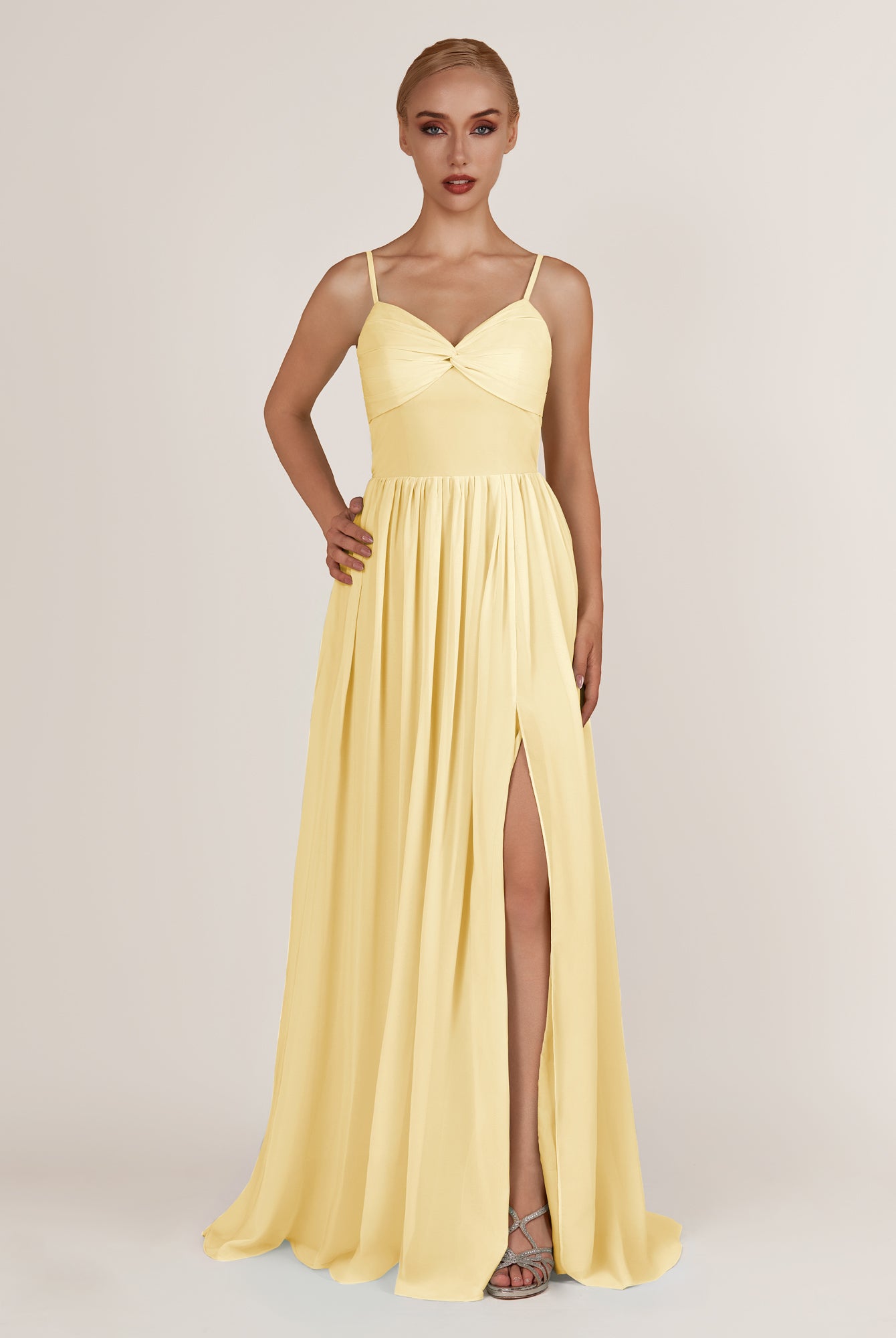 KissDress-Quillaine Pastel Yellow A Line V Neck Twisted Long Bridesmaid Dress with Slit