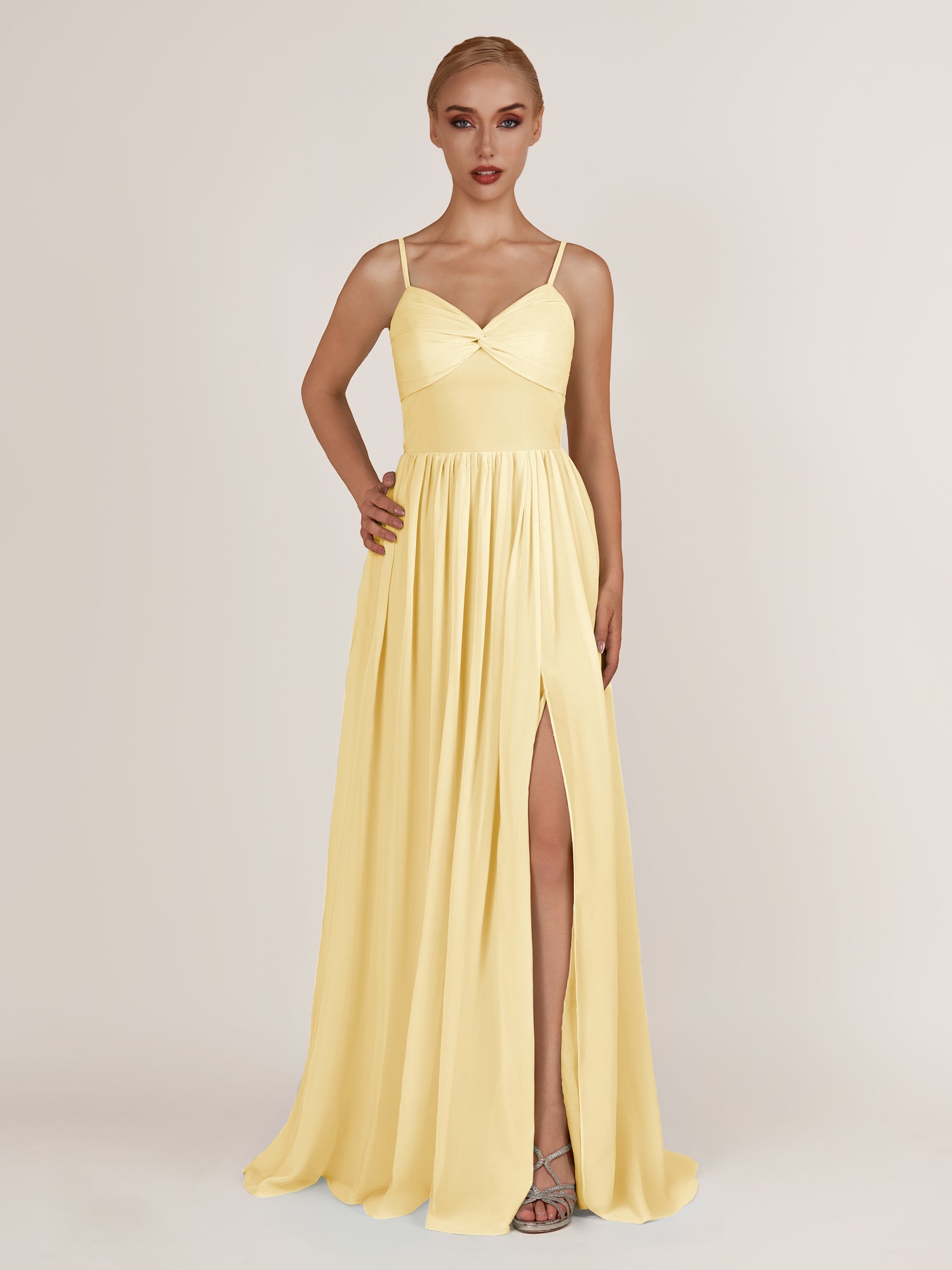 KissDress-Quillaine Pastel Yellow A Line V Neck Twisted Long Bridesmaid Dress with Slit