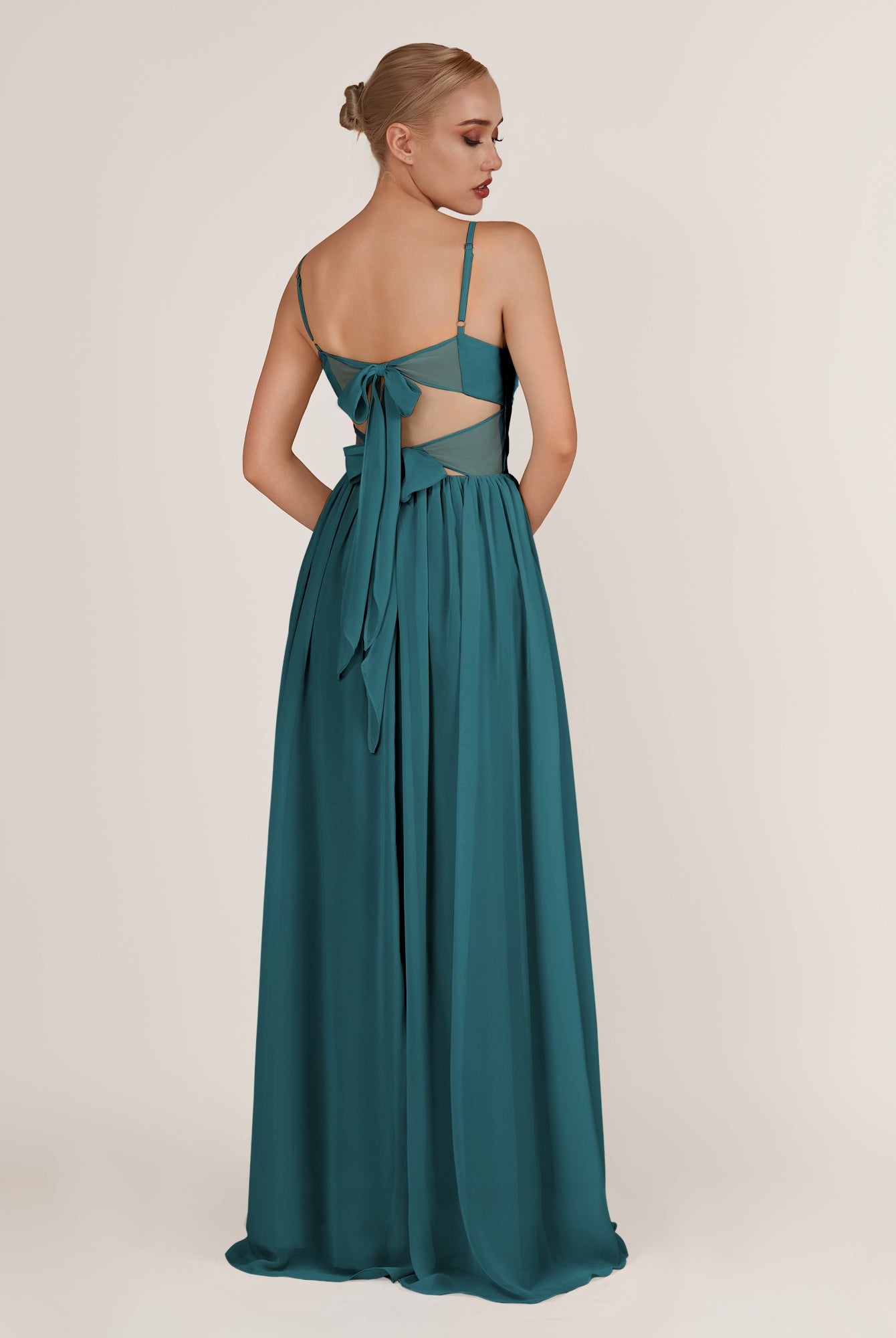 KissDress-Quillaine Pine A Line V Neck Twisted Long Bridesmaid Dress with Slit