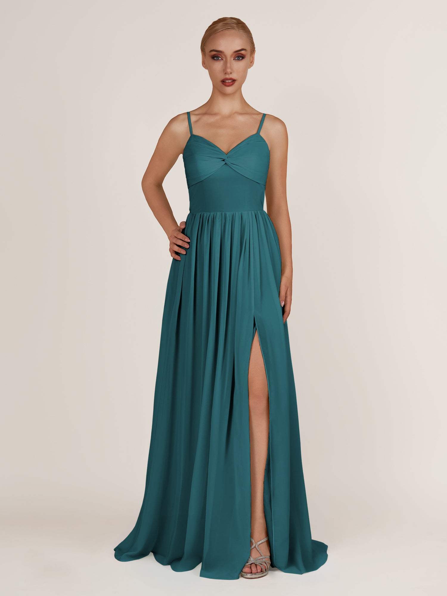 KissDress-Quillaine Pine A Line V Neck Twisted Long Bridesmaid Dress with Slit