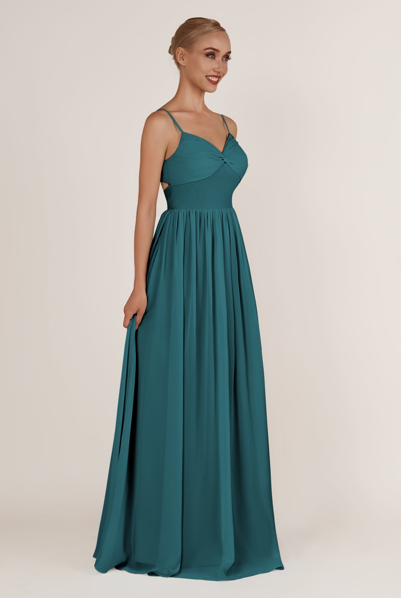 KissDress-Quillaine Pine A Line V Neck Twisted Long Bridesmaid Dress with Slit
