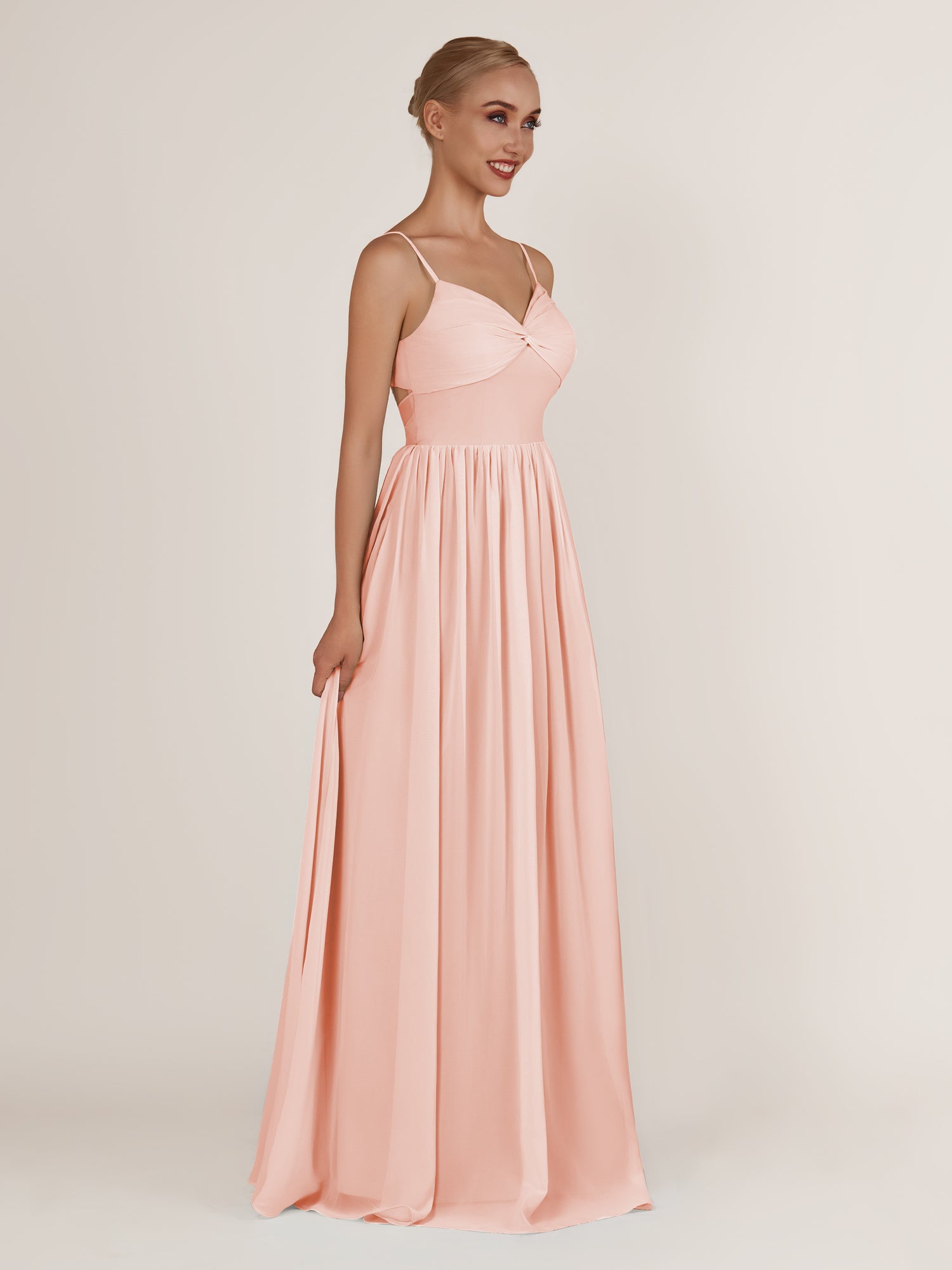 KissDress-Quillaine Rose Petal A Line V Neck Twisted Long Bridesmaid Dress with Slit