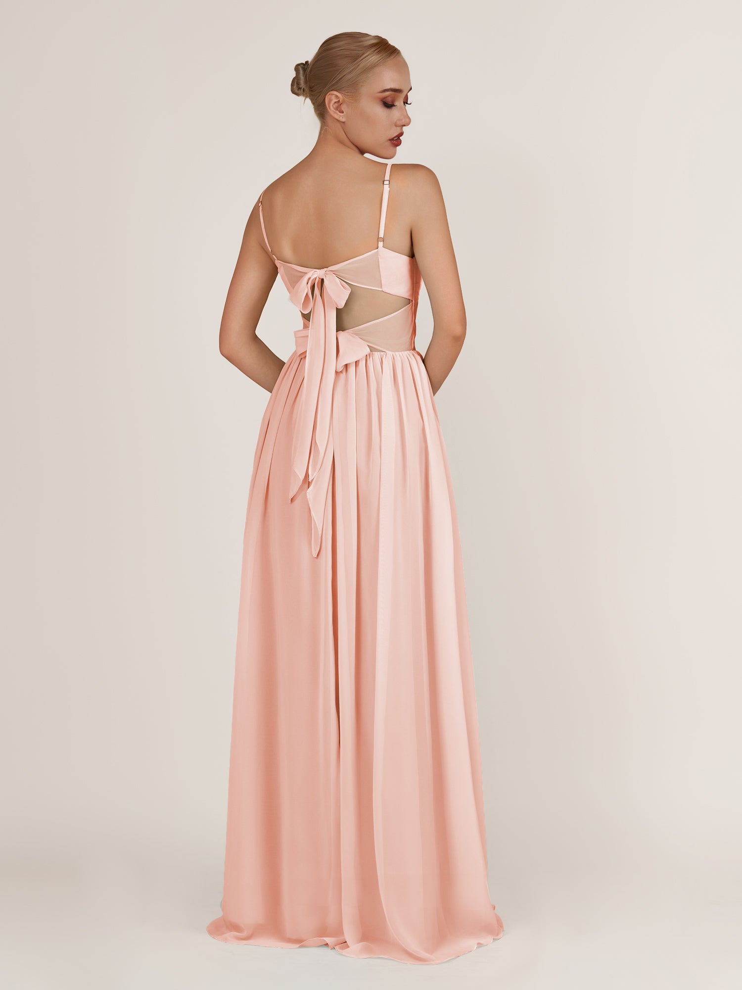 KissDress-Quillaine Rose Petal A Line V Neck Twisted Long Bridesmaid Dress with Slit