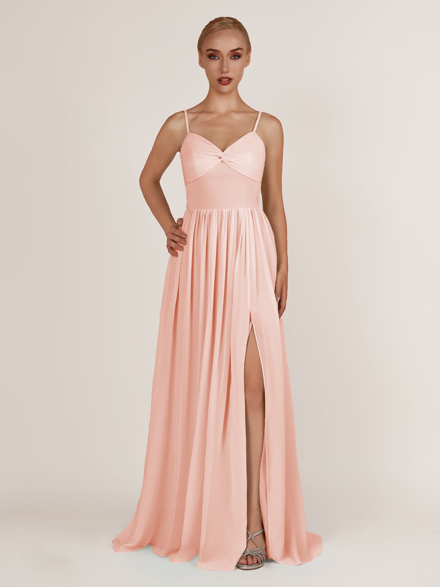 KissDress-Quillaine Rose Petal A Line V Neck Twisted Long Bridesmaid Dress with Slit