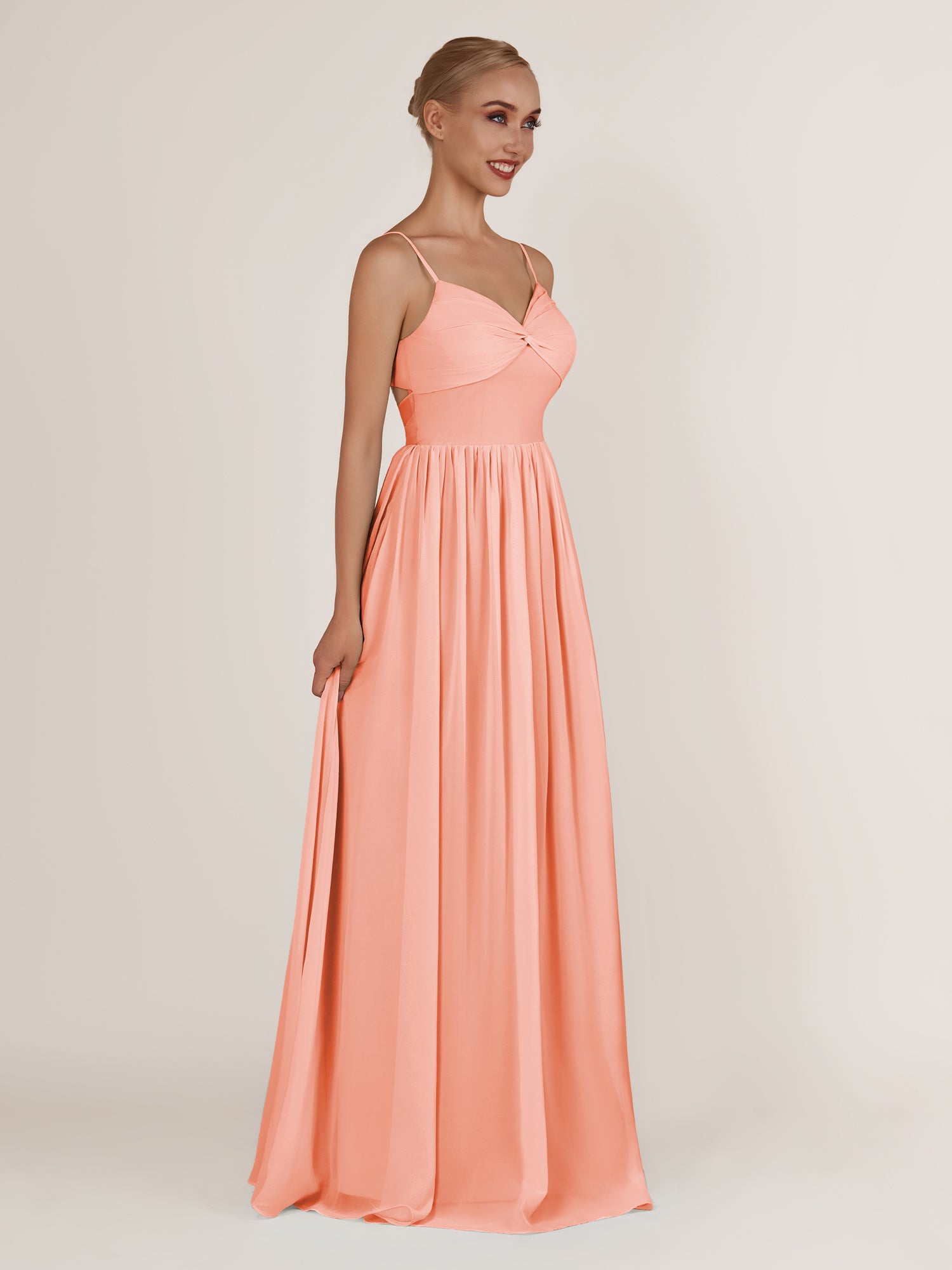 KissDress-Quillaine Rosette A Line V Neck Twisted Long Bridesmaid Dress with Slit