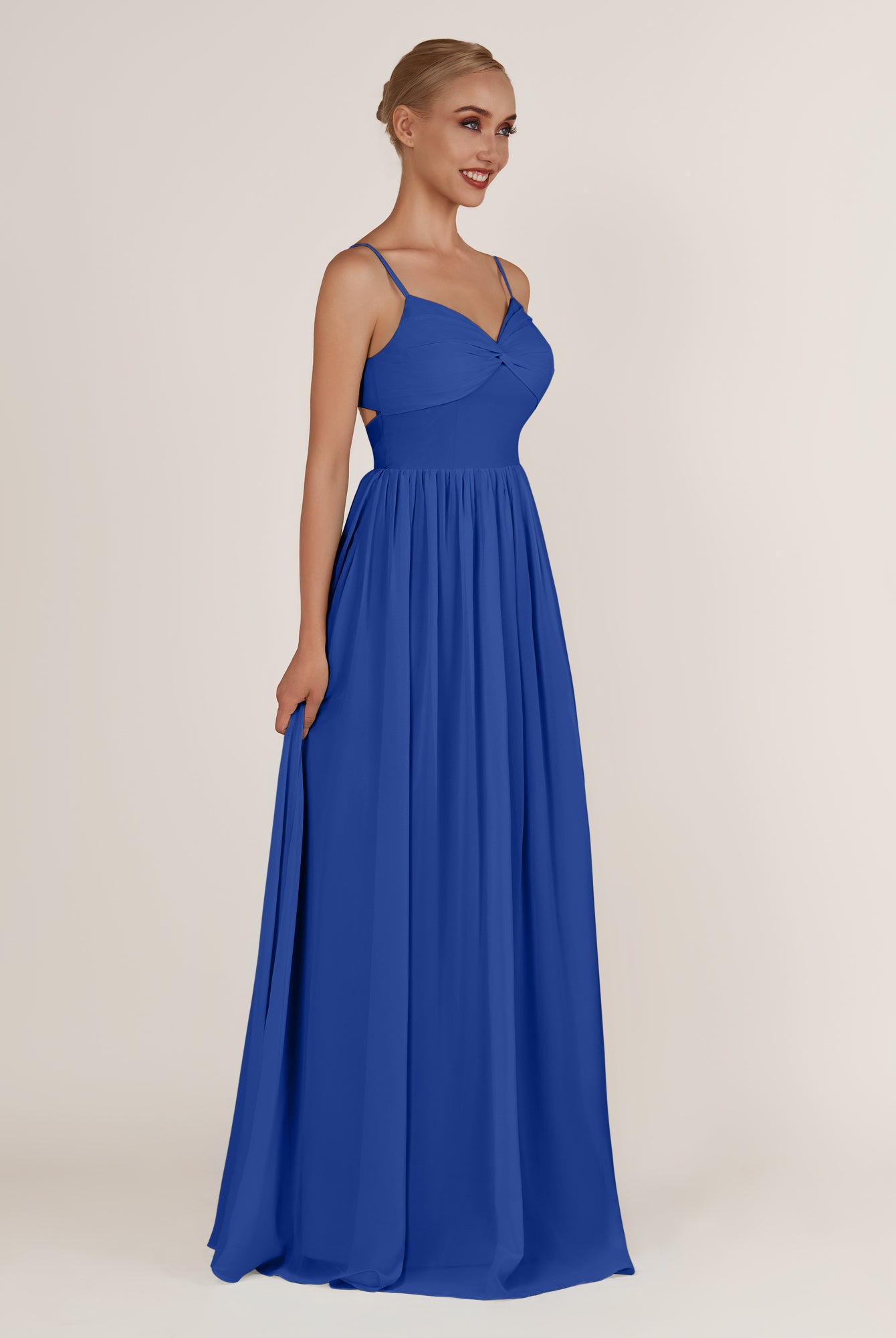 KissDress-Quillaine Royal Blue A Line V Neck Twisted Long Bridesmaid Dress with Slit