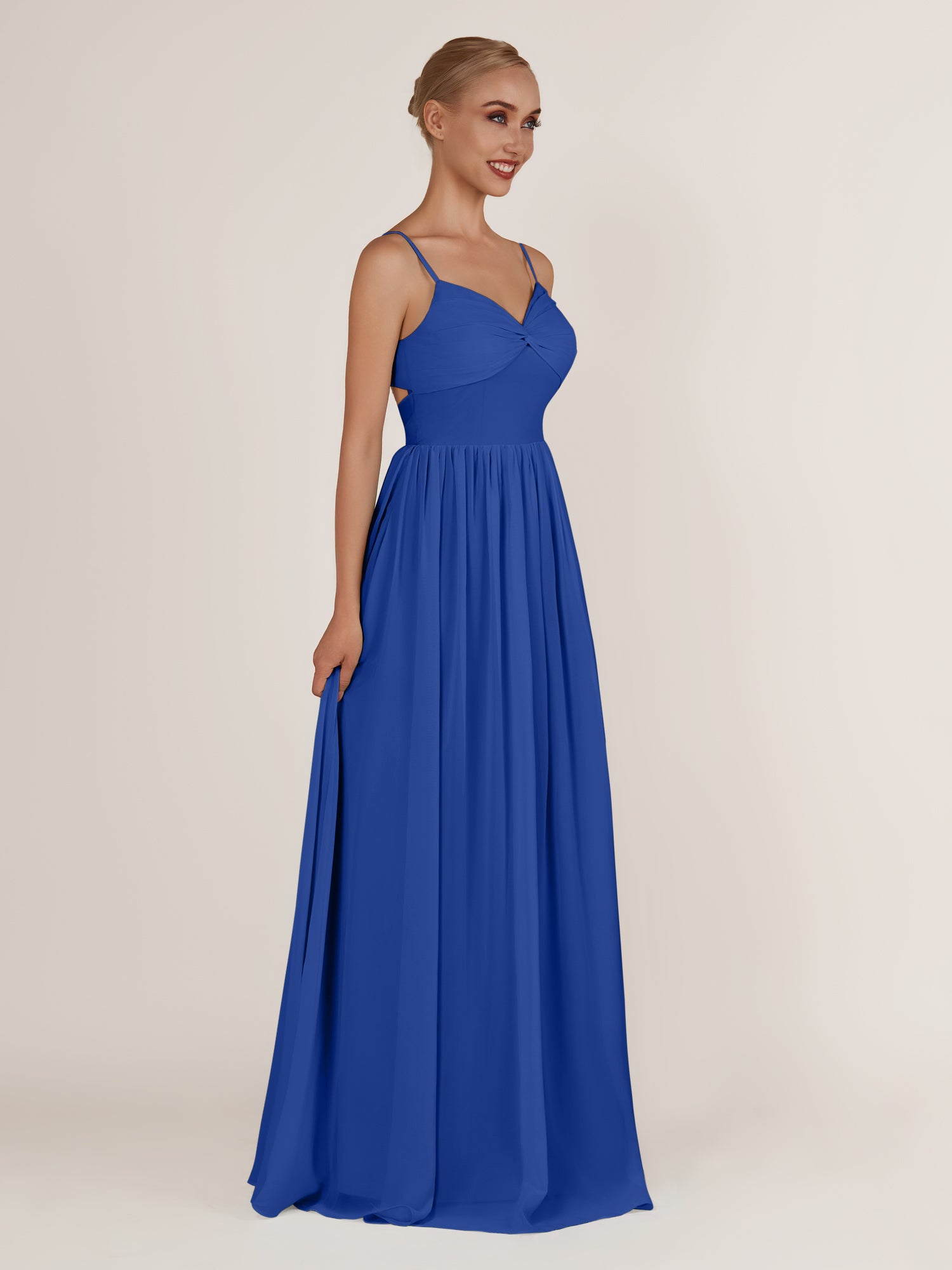 KissDress-Quillaine Royal Blue A Line V Neck Twisted Long Bridesmaid Dress with Slit