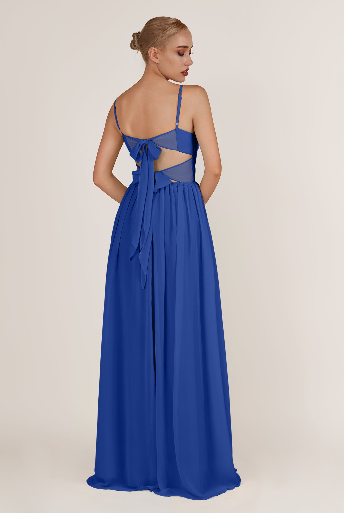 KissDress-Quillaine Royal Blue A Line V Neck Twisted Long Bridesmaid Dress with Slit