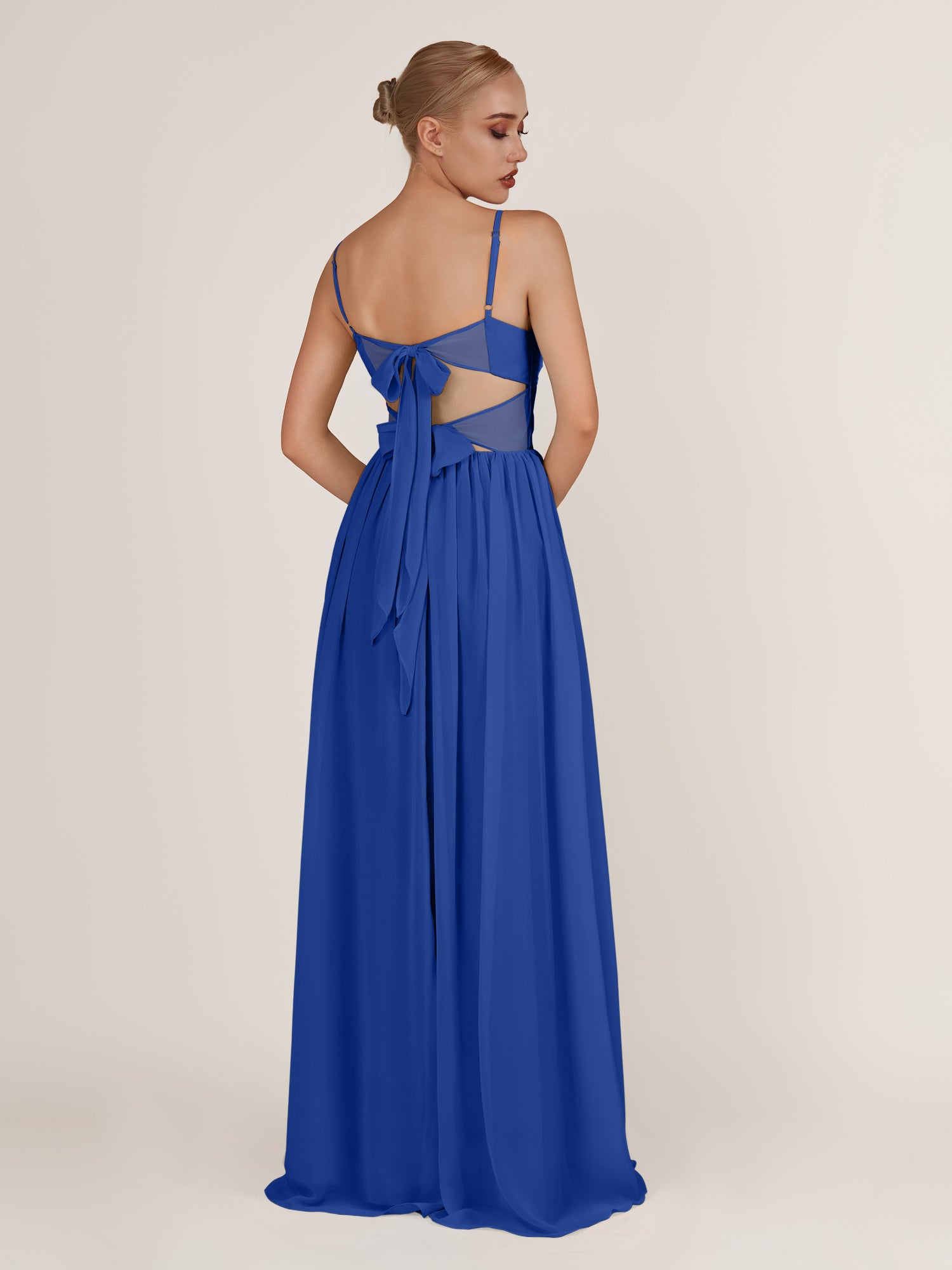 KissDress-Quillaine Royal Blue A Line V Neck Twisted Long Bridesmaid Dress with Slit