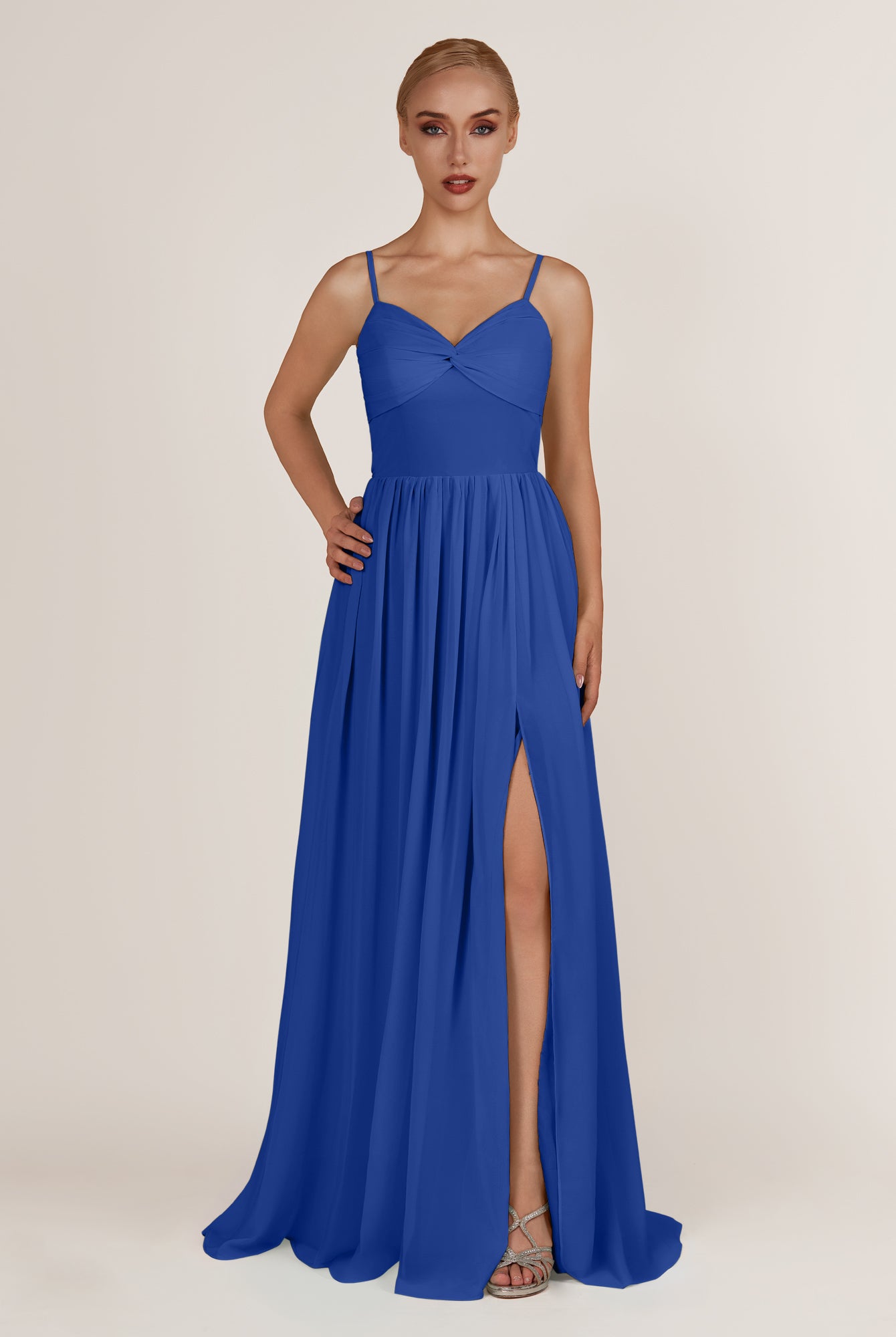 KissDress-Quillaine Royal Blue A Line V Neck Twisted Long Bridesmaid Dress with Slit