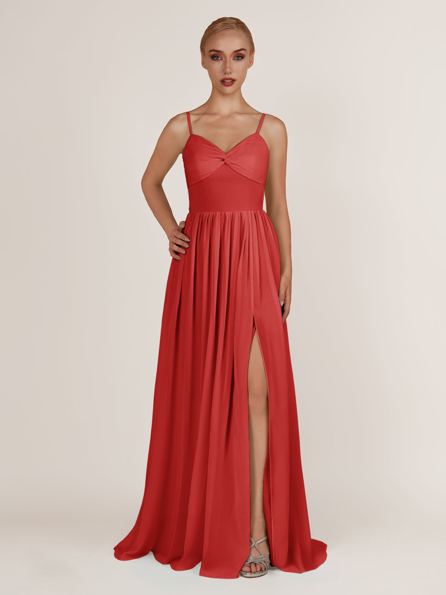 KissDress-Quillaine Ruby Red A Line V Neck Twisted Long Bridesmaid Dress with Slit
