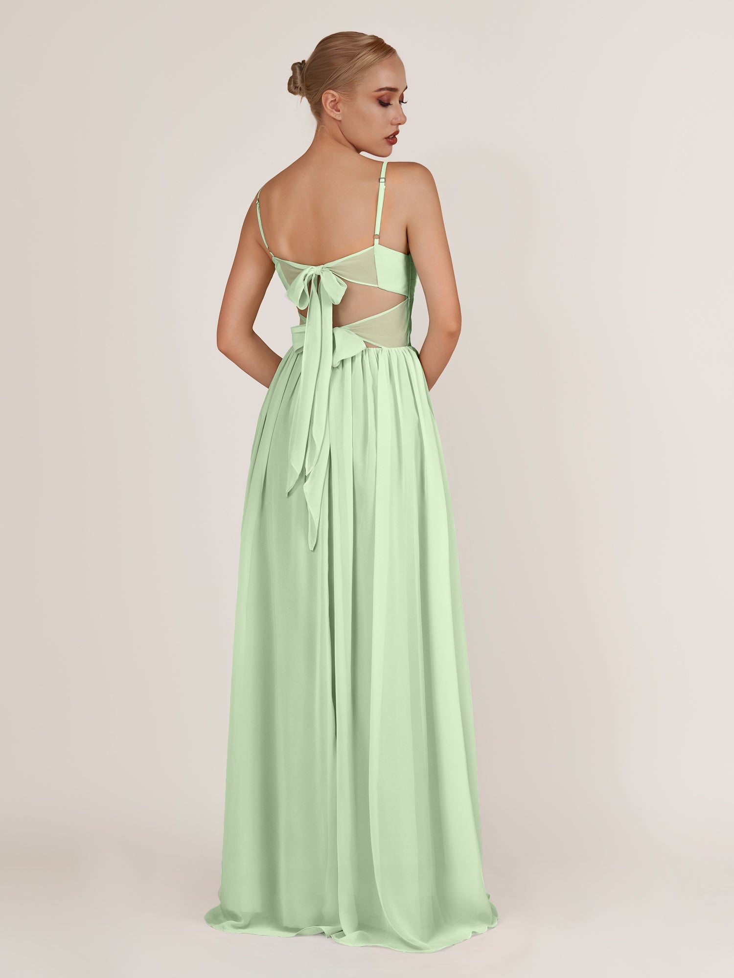 KissDress-Quillaine Sage A Line V Neck Twisted Long Bridesmaid Dress with Slit