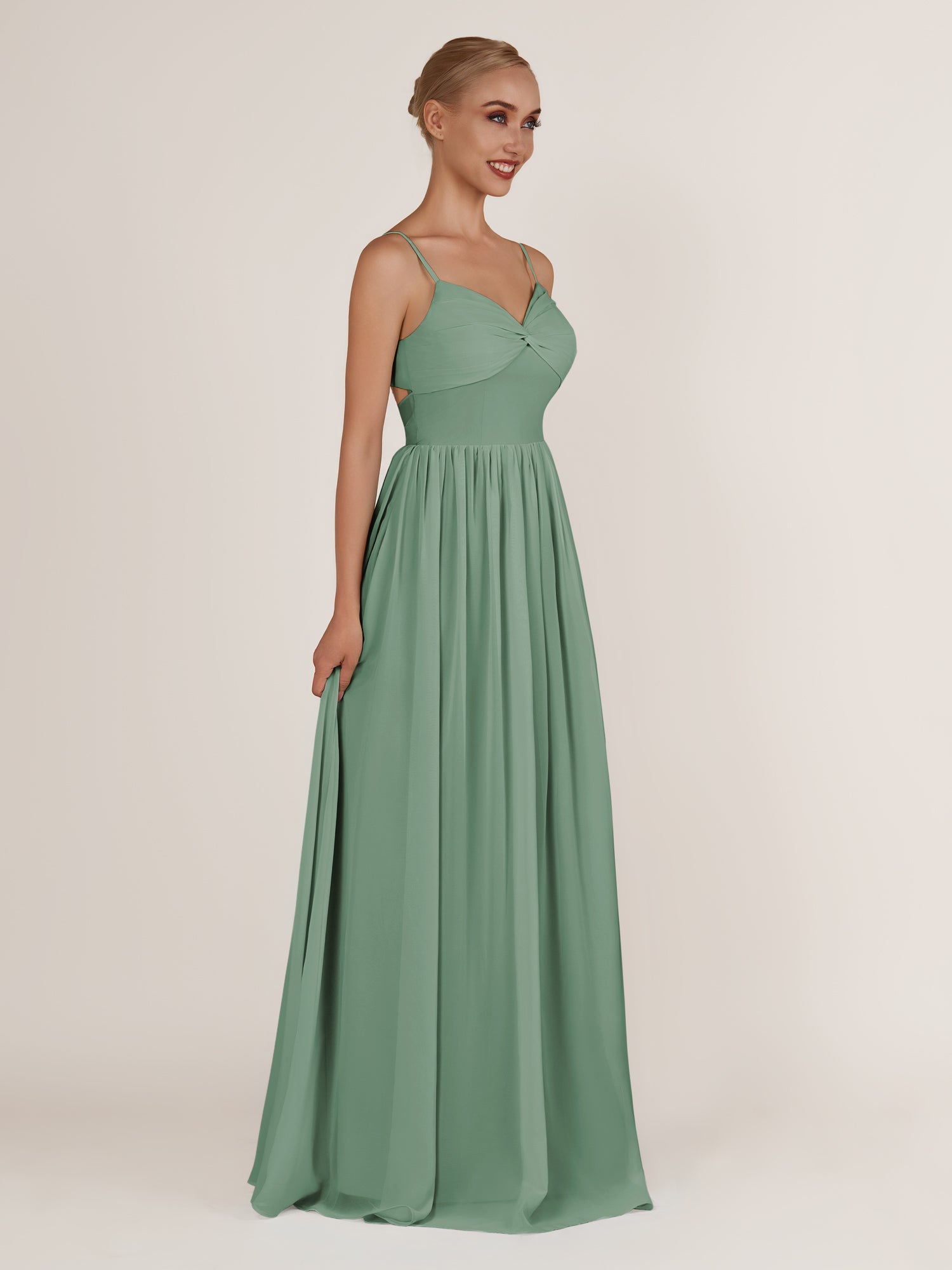 KissDress-Quillaine Sea Glass A Line V Neck Twisted Long Bridesmaid Dress with Slit