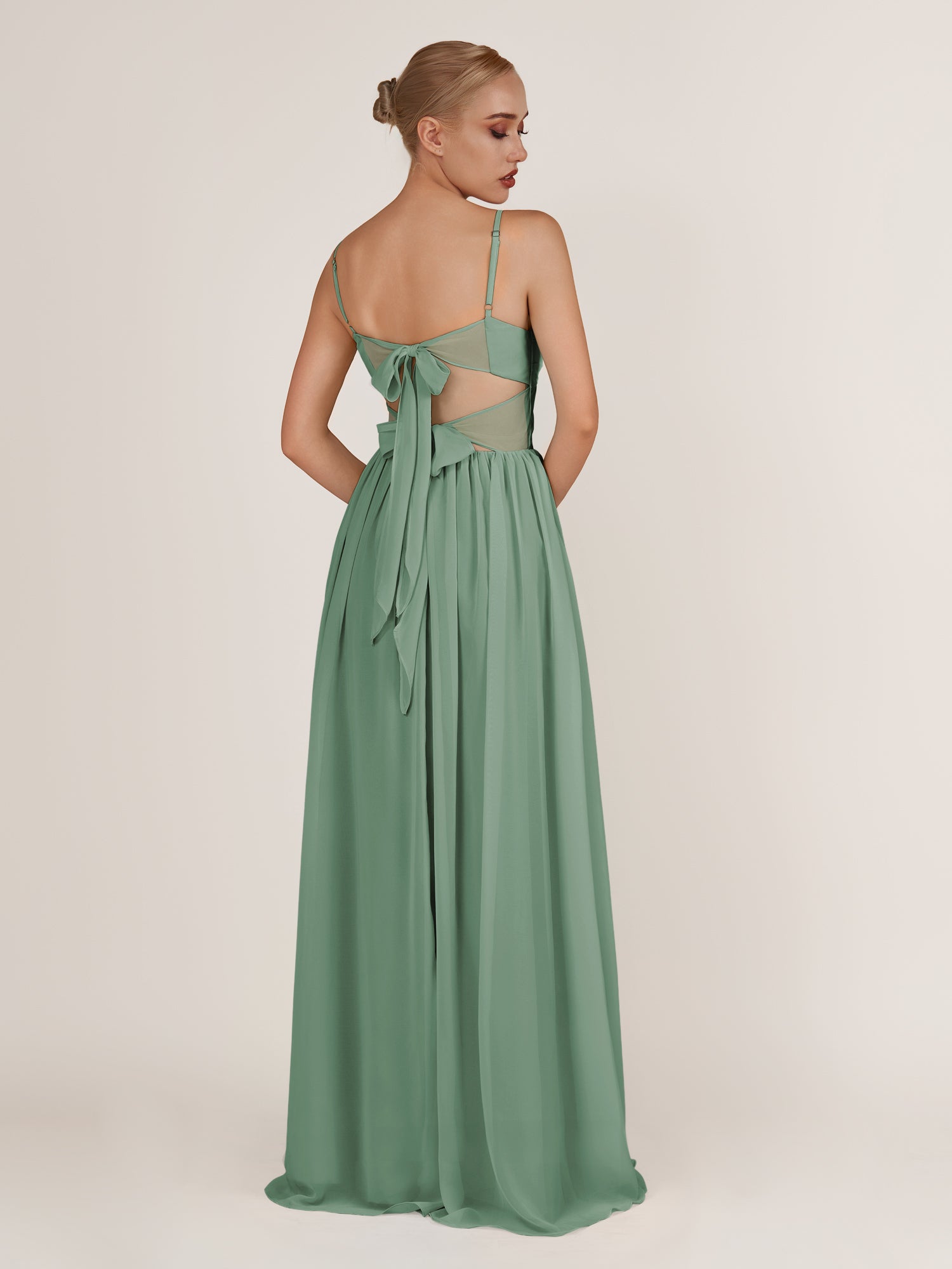 KissDress-Quillaine Sea Glass A Line V Neck Twisted Long Bridesmaid Dress with Slit