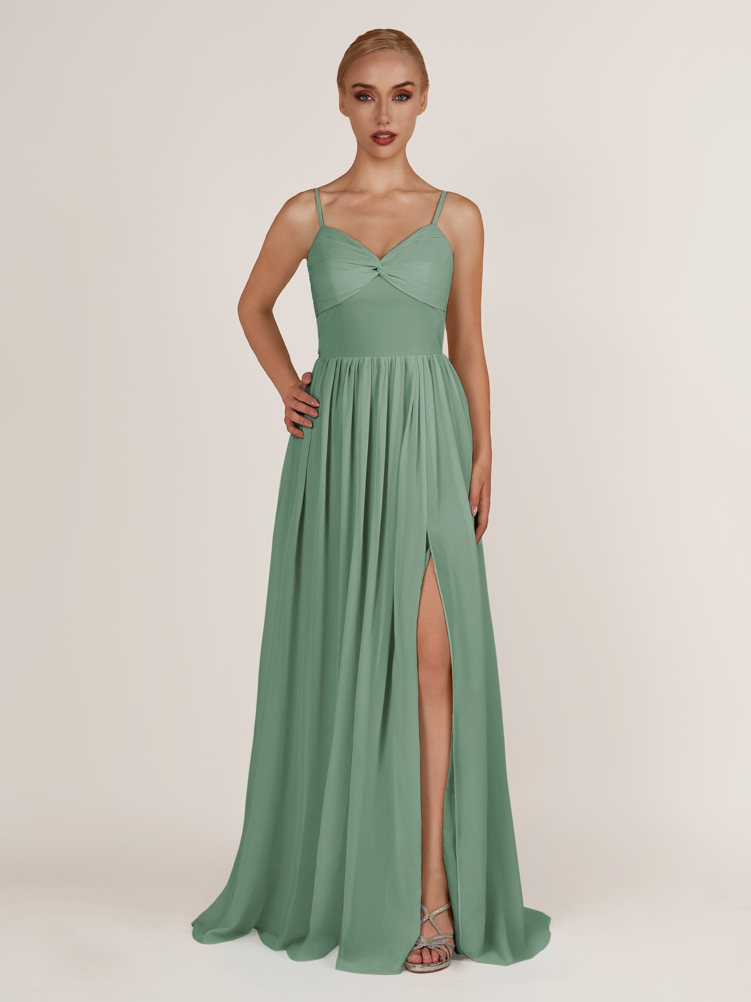 KissDress-Quillaine Sea Glass A Line V Neck Twisted Long Bridesmaid Dress with Slit