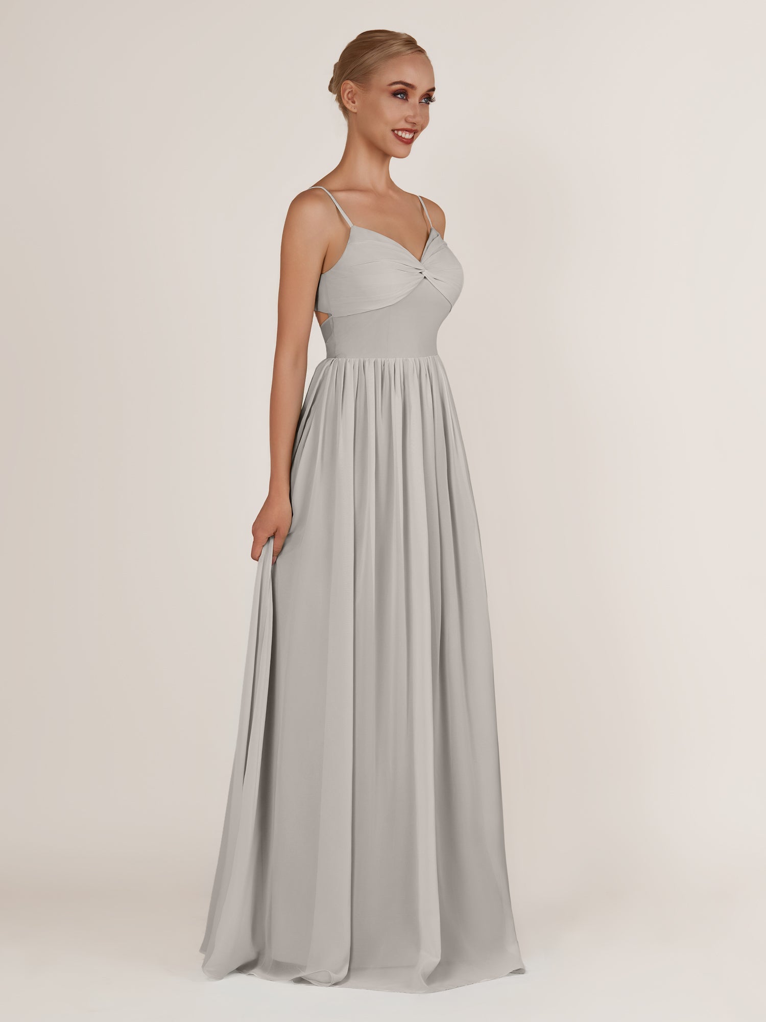KissDress-Quillaine Silver A Line V Neck Twisted Long Bridesmaid Dress with Slit